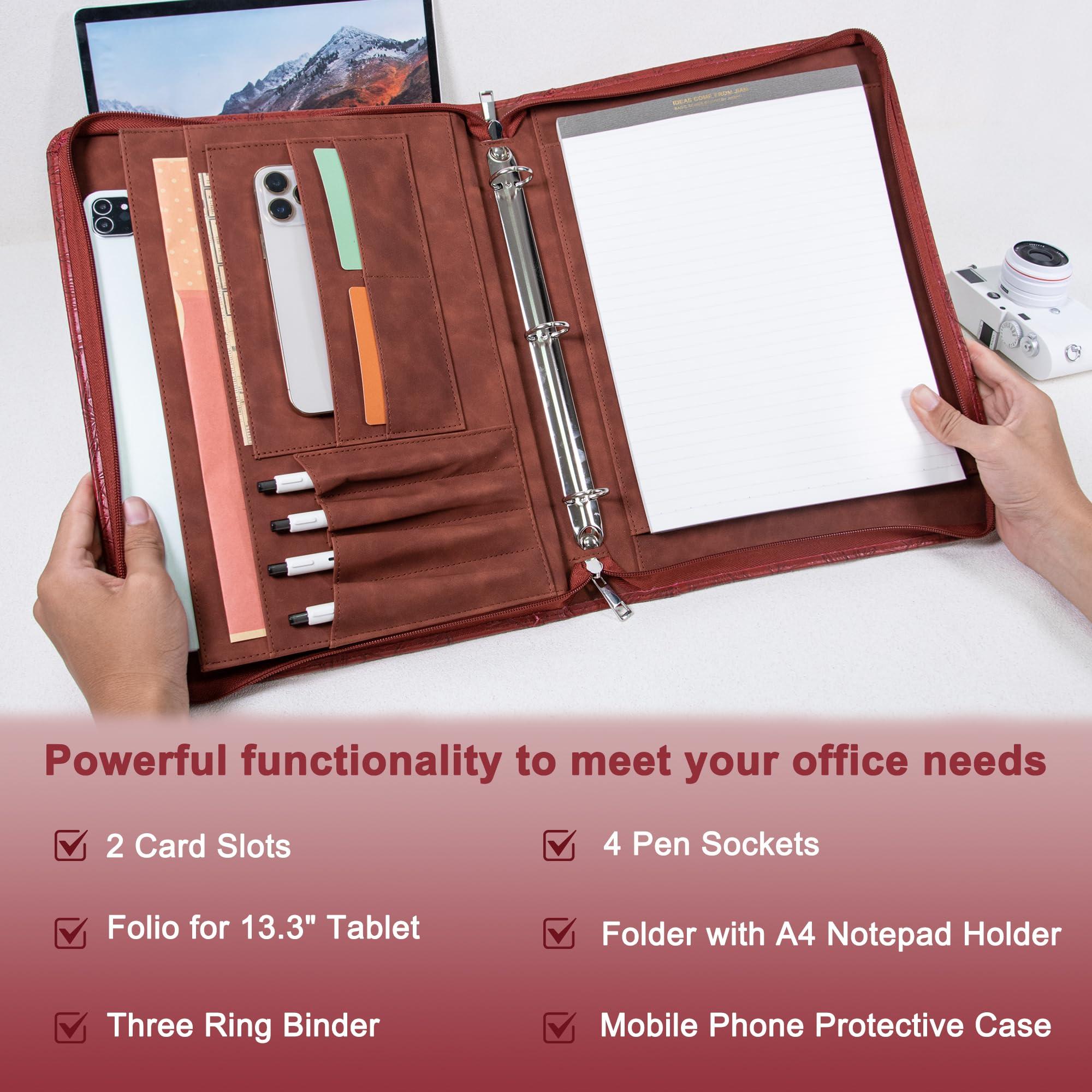 AZXCG Embossed Portfolio Binder,3-Ring Zipper Padfolio for Women and Men,A4/Letter Size,PU Leather with iPad,Professional Organizer for Resume/Interview (Red) - Image 5