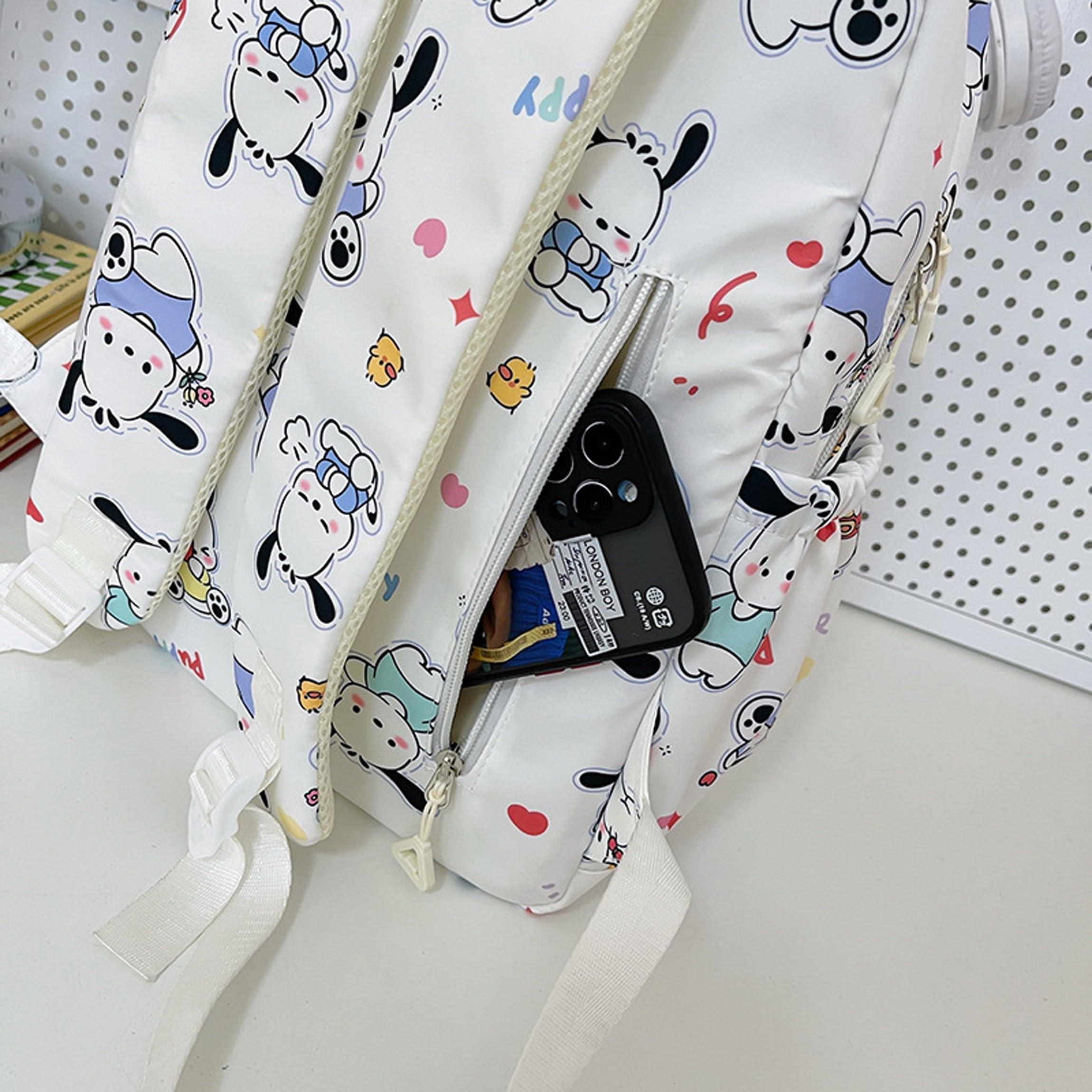 Roffatide Cartoon Pochacco All Over Print Casual Backpack Laptop Backpack Bike Travel Hiking Rucksack Daypack White (With Cute Pendants) - Image 3