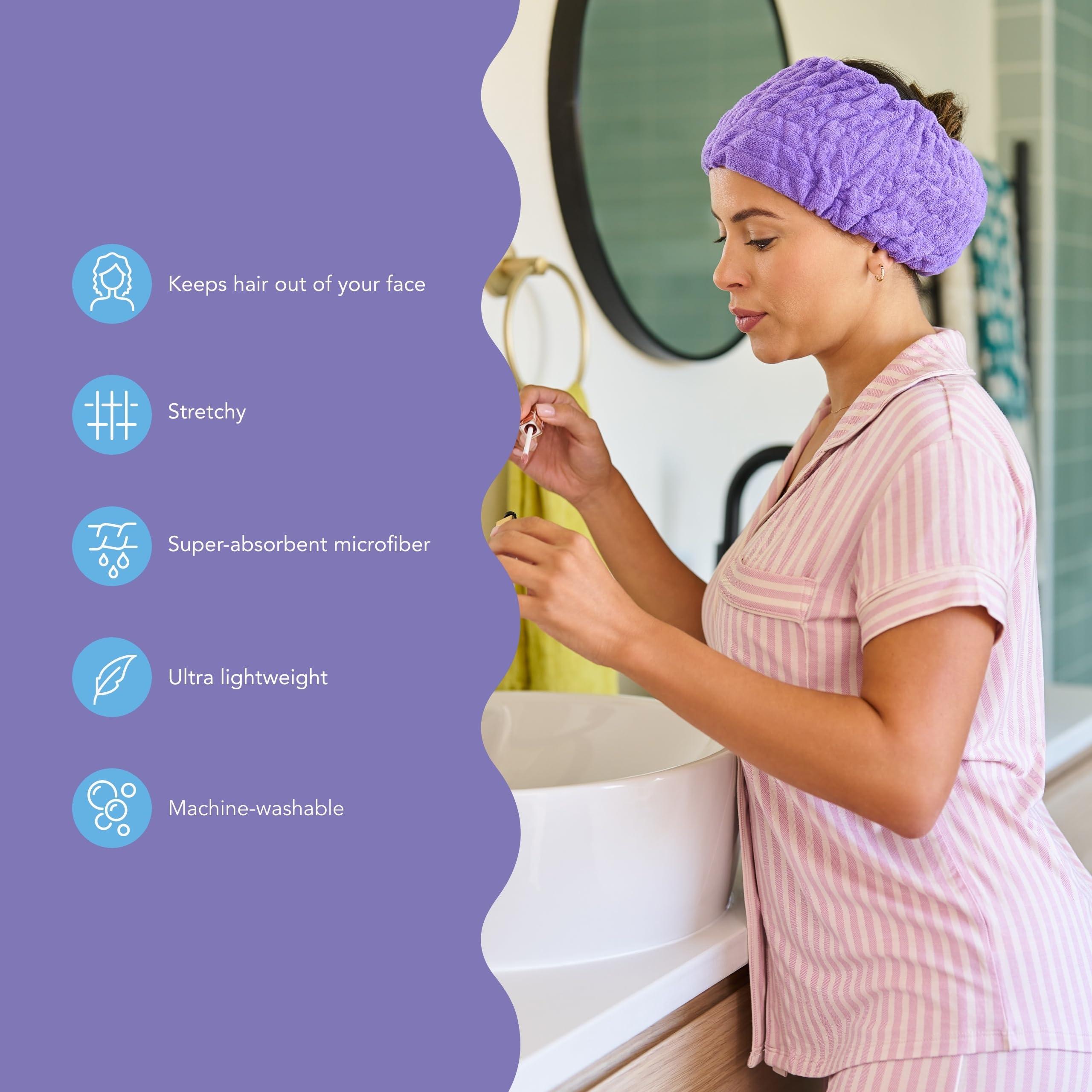 Turbie Twist 4-Pack Turbie Band for Beauty, Travel, Gifting - Microfiber Headband for Personal Care - Comfortable, Extra-Wide Spa Headband - For All Hair Types - Pink, Purple, Blue & White - Image 2