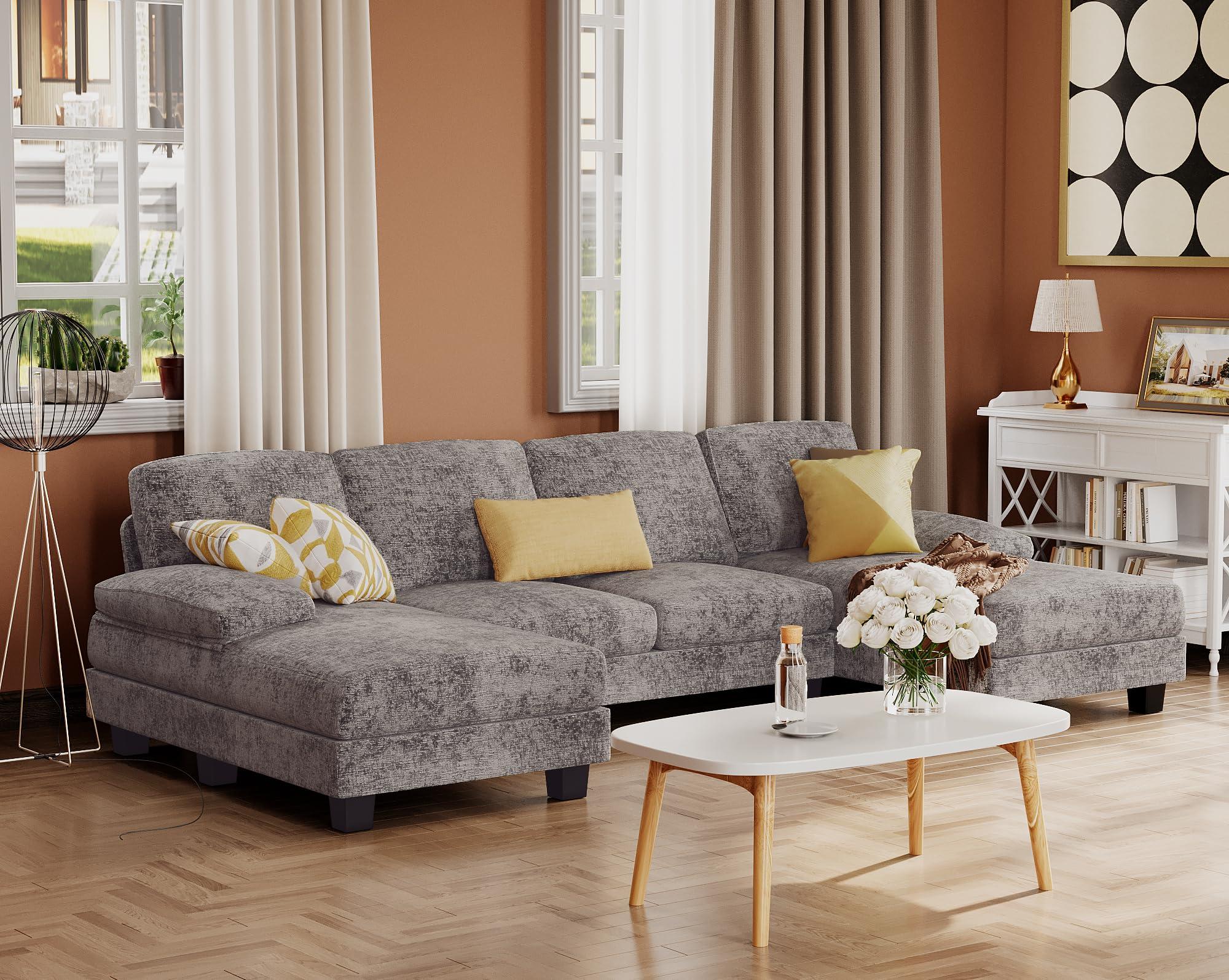 Furmax Sectional Couches for Living Room, U-Shaped Sofa Couch with Linen Fabric, 4 Seat Sofa Set with Double Chaise for Apartment (Fabric, Grey) - Image 7