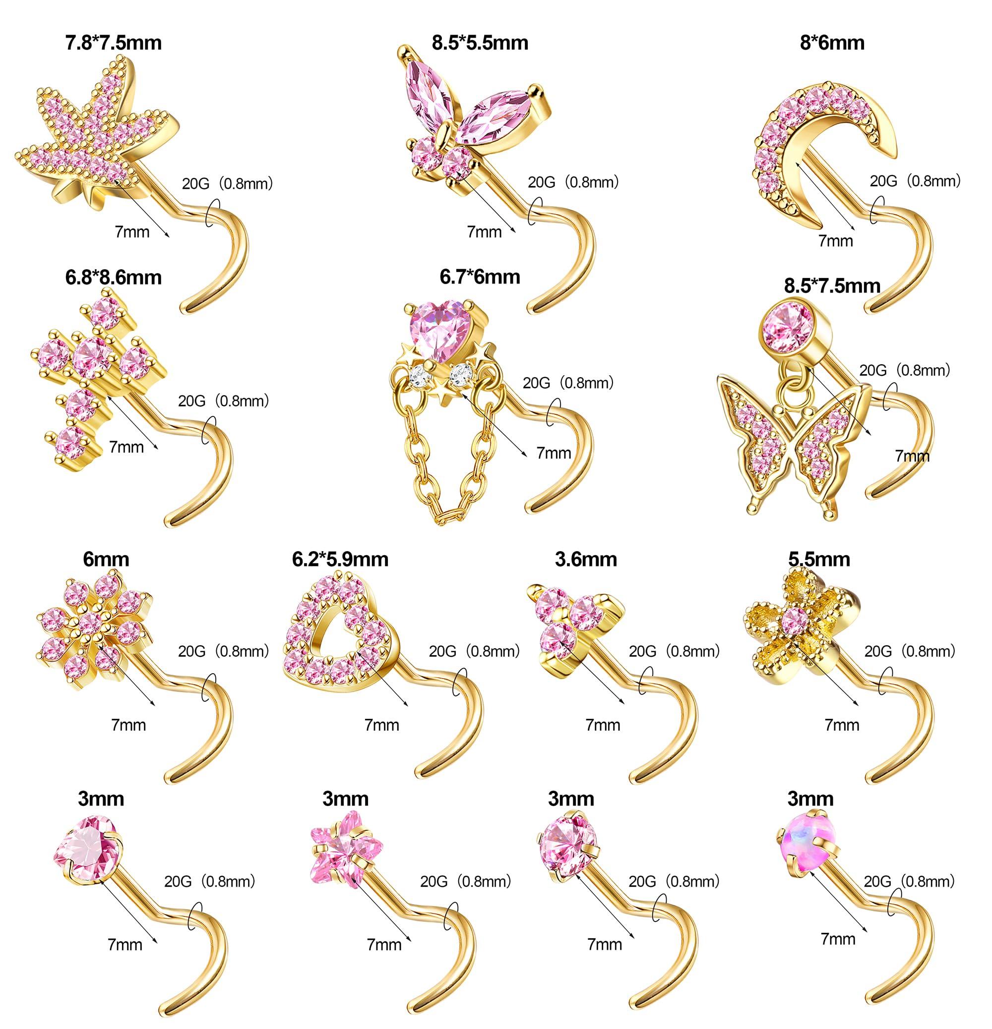 Drperfect Gold Silver Nose Rings Nose Studs for Women Nose Piercings 20G L Shaped Corkscrew Dangle Nose Rings Studs Simulated Diamond Pink CZ Opal Dangling Dangly Hanging Nose Piercing Jewelry with Heart Star Butterfly Flower Cross Moon Charm Cute Dainty Nose Jewelry - Image 5