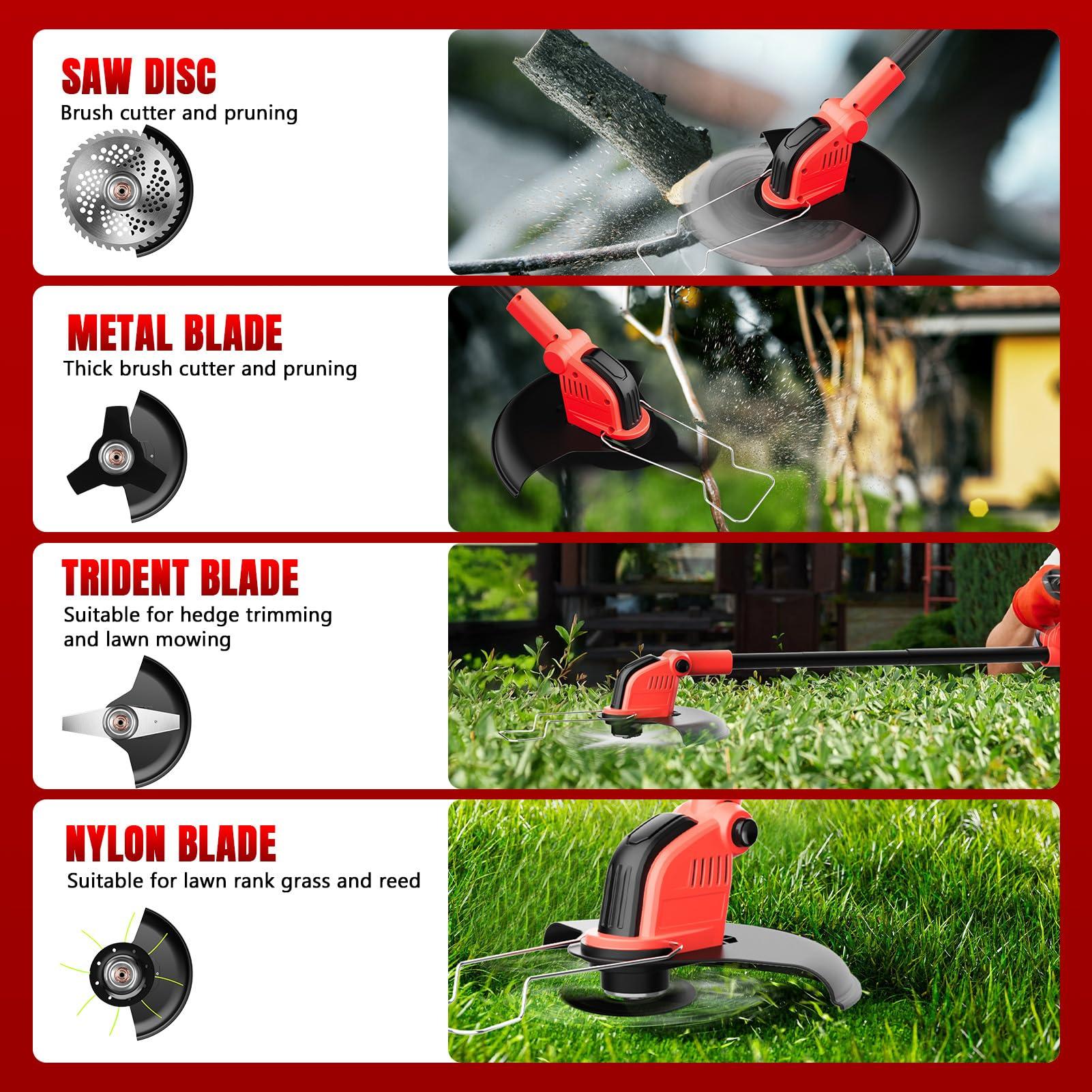 20000 RPM Electric Weed Wacker with Wheel,12″ Brushless Cordless Weed Eater Battery Powered, 4-in-1 Brush Cutter/String Trimmer/Grass Trimmer/Lawn Mower,Edger Stringless Weed Trimmer,5 Blade,2 Battery - Image 7
