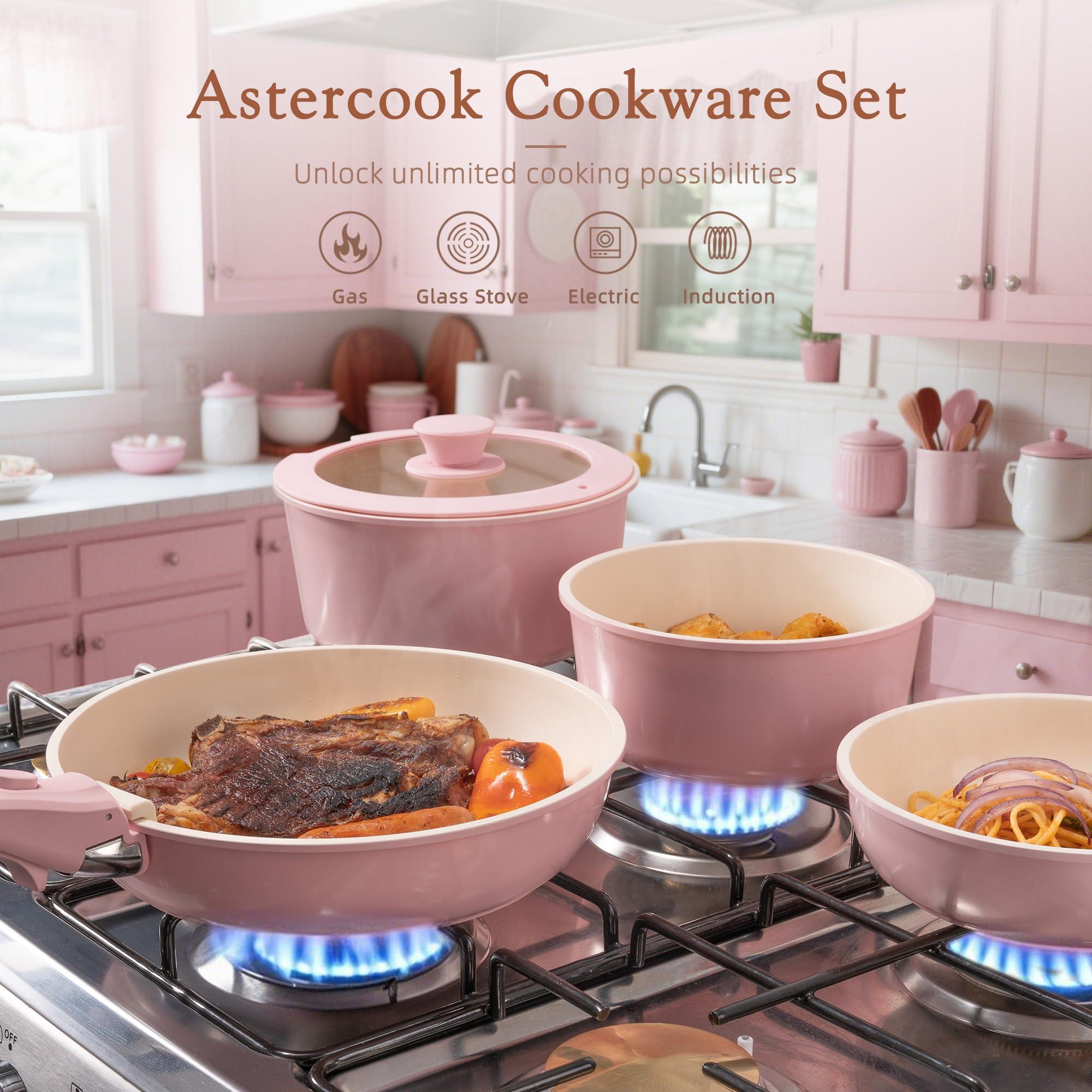 Astercook 21 Pcs Pots and Pans Set Non Stick, Ceramic Cookware Set Detachable Handle, RV Kitchen Cooking Set Removable Handles, Oven Safe, Induction Ready, Stackable Non-stick Set, Pink - Image 3