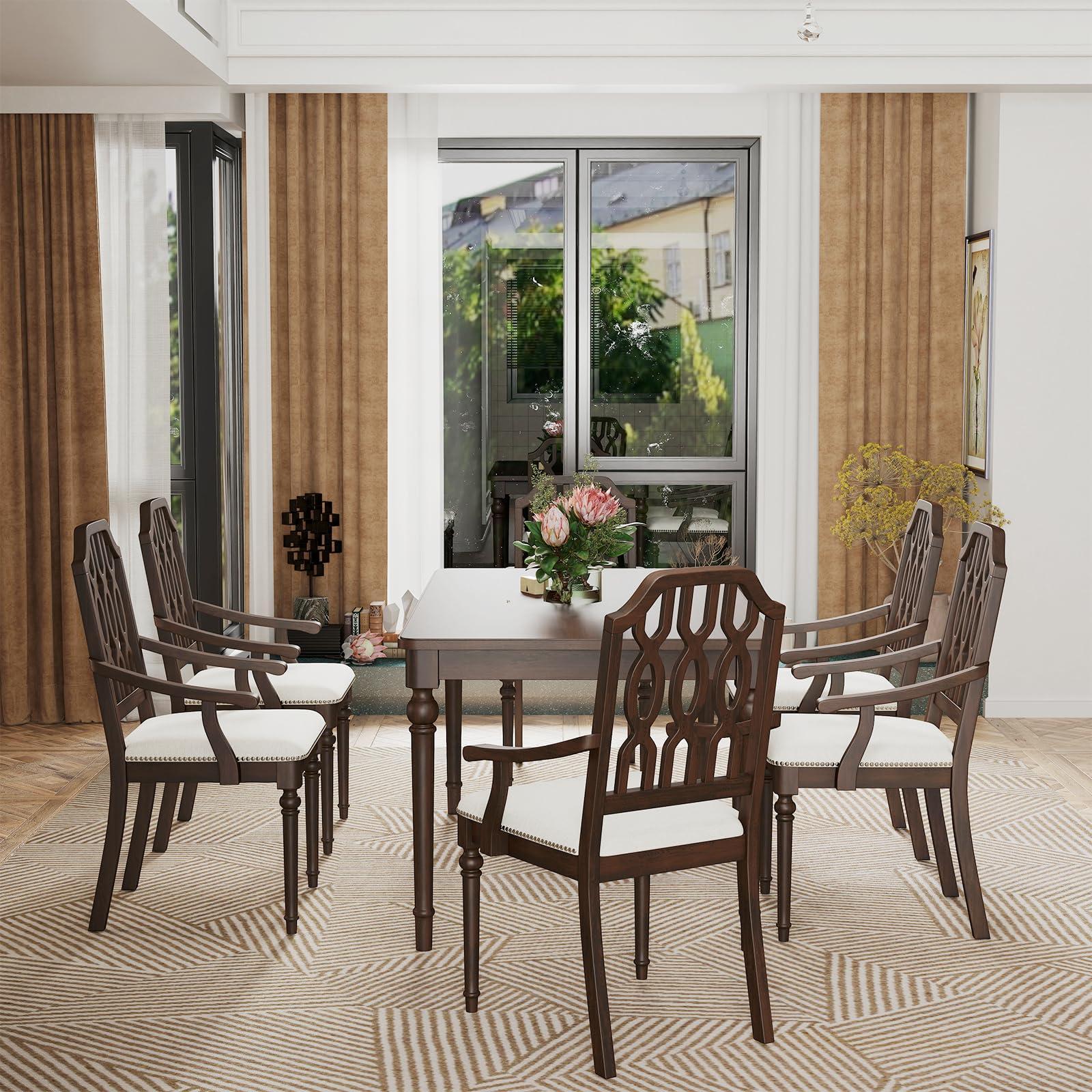 Kmax Dining Chairs Set of 4 Light Luxury Carving Craft Dining Room Chair with Brown Wood Frame Upholstered Seat Arm Chair with Lattice Back for Kitchen, White Chenille - Image 4