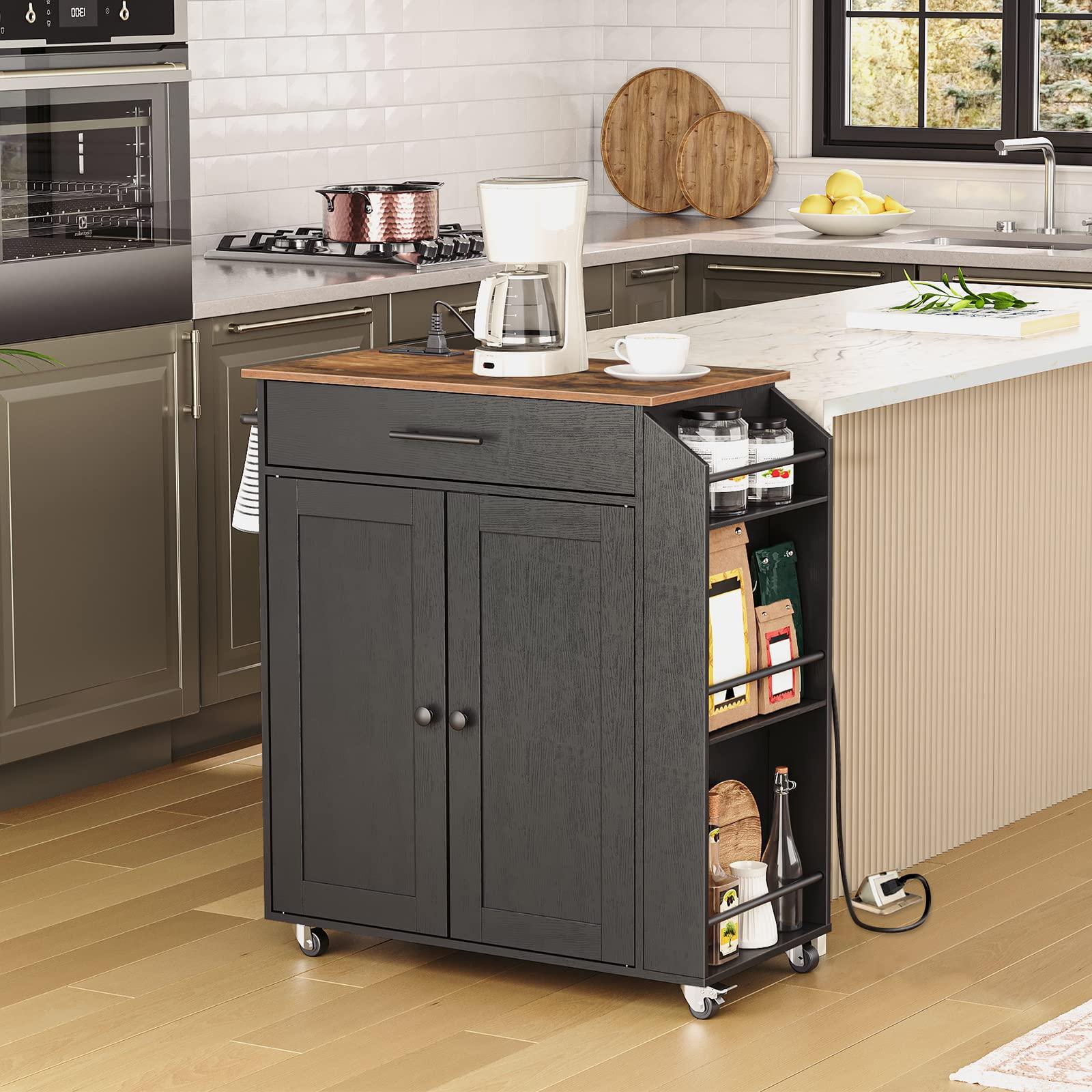 HOOBRO Kitchen Island with Power Outlet, Storage Island with Spice Rack and Drawer, Rolling Kitchen Cart on Wheels, for Home, Dining Room, Rustic Brown and Black - Image 2