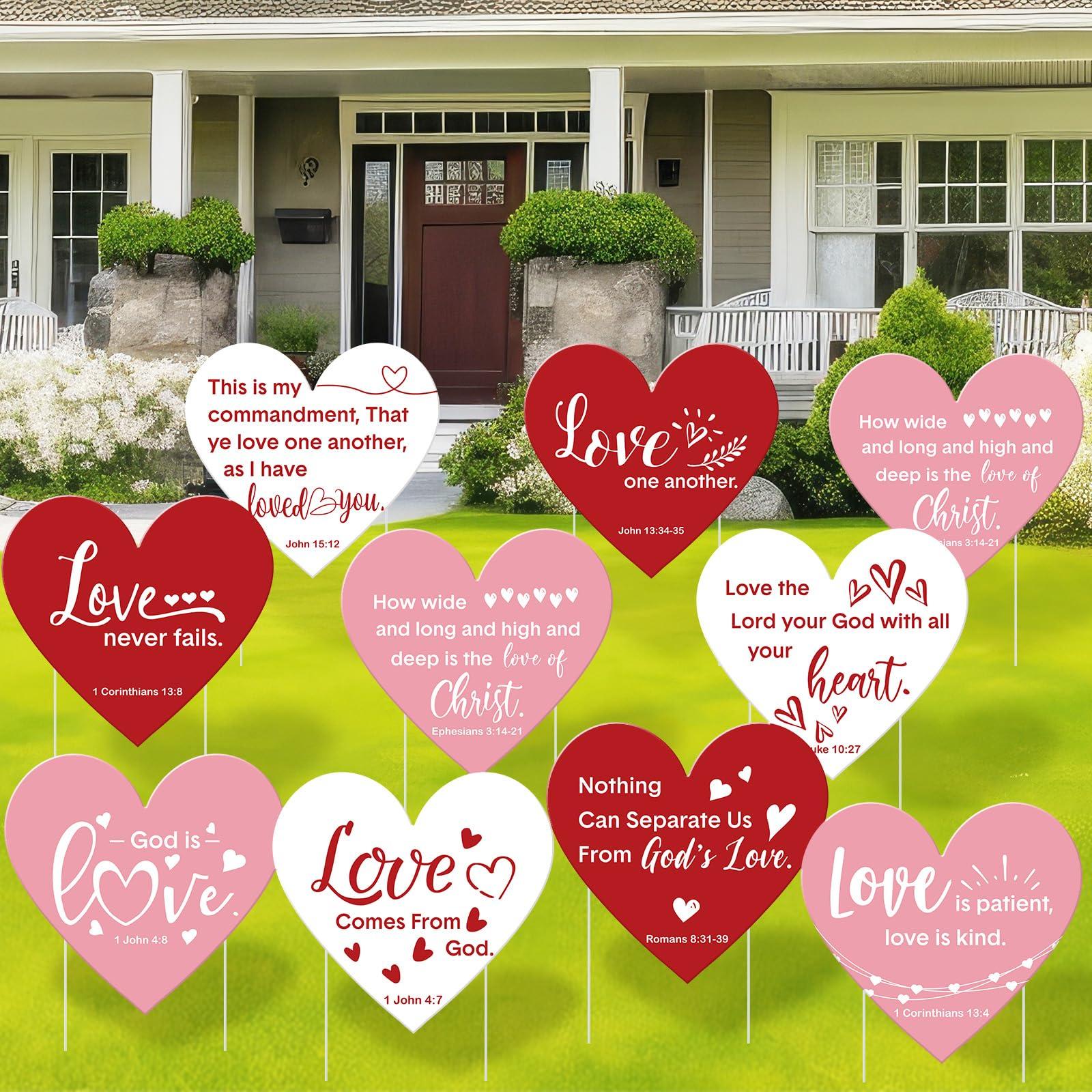 Beeveer 9 Pcs Christian Valentine's Day Yard Sign for Outdoor Decorations Jesus Bible Verse Hearts Lawn Decor with Stakes Heart Decoration for Wedding Shower Supplies Garden Pathway Walkway Love Decor