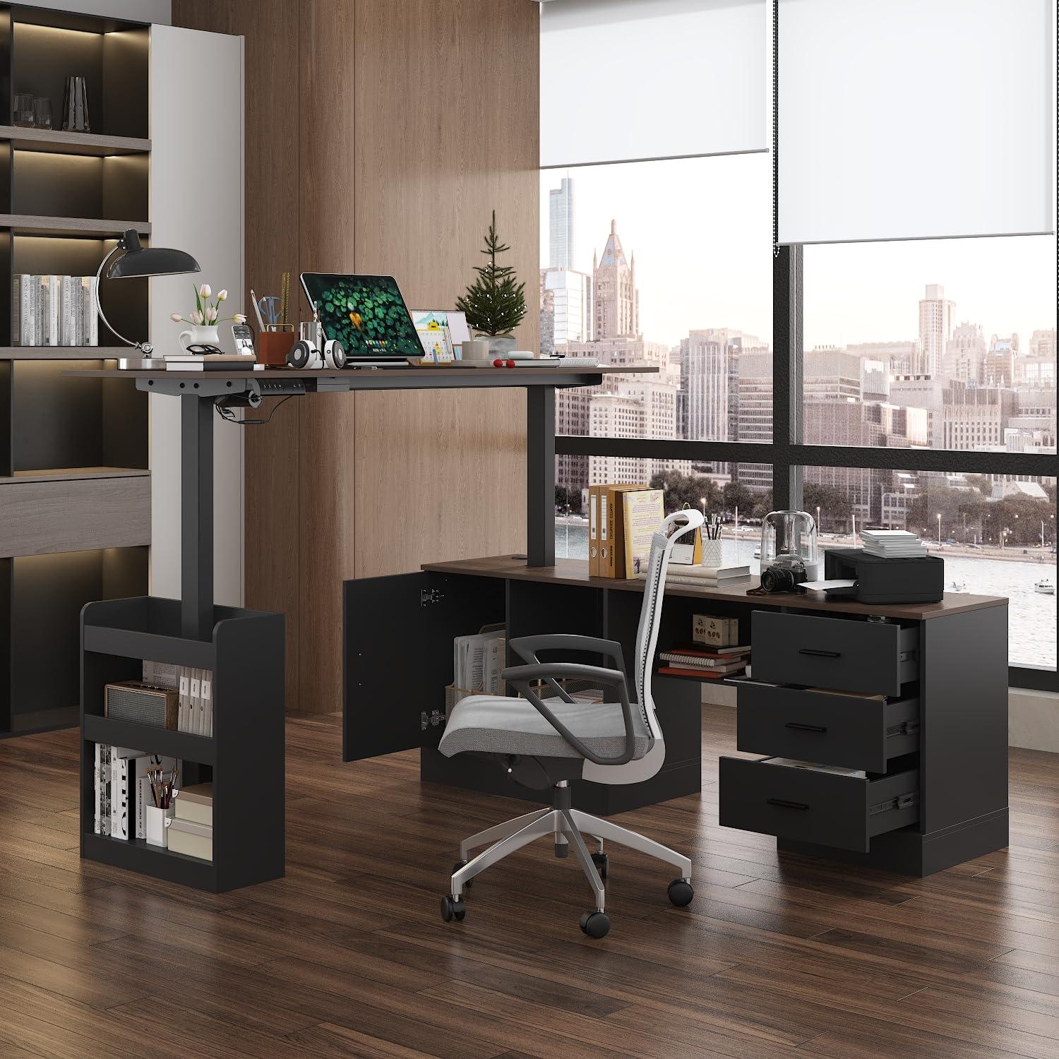 MOUMON Electric Standing Desk with Drawers and Shelves, Executive Adjustable Height Desk, L-Shaped Design, 63 inch Tabletop, for Office Deep Brown and Black (63”W x 63”D x 28.4-45.8”H) - Image 3
