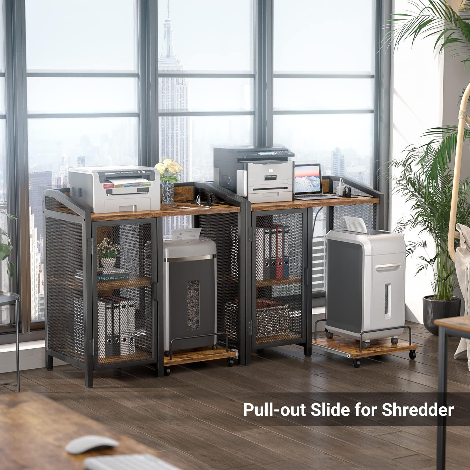 Unikito 3-Tier Lateral Office Filing Cabinets with Socket and USB Charging Port, Modern Printer Stand and Paper Shredder Stand Rack with Wheels and Open Storage Shelves for Home Office, Rustic Brown - Image 6
