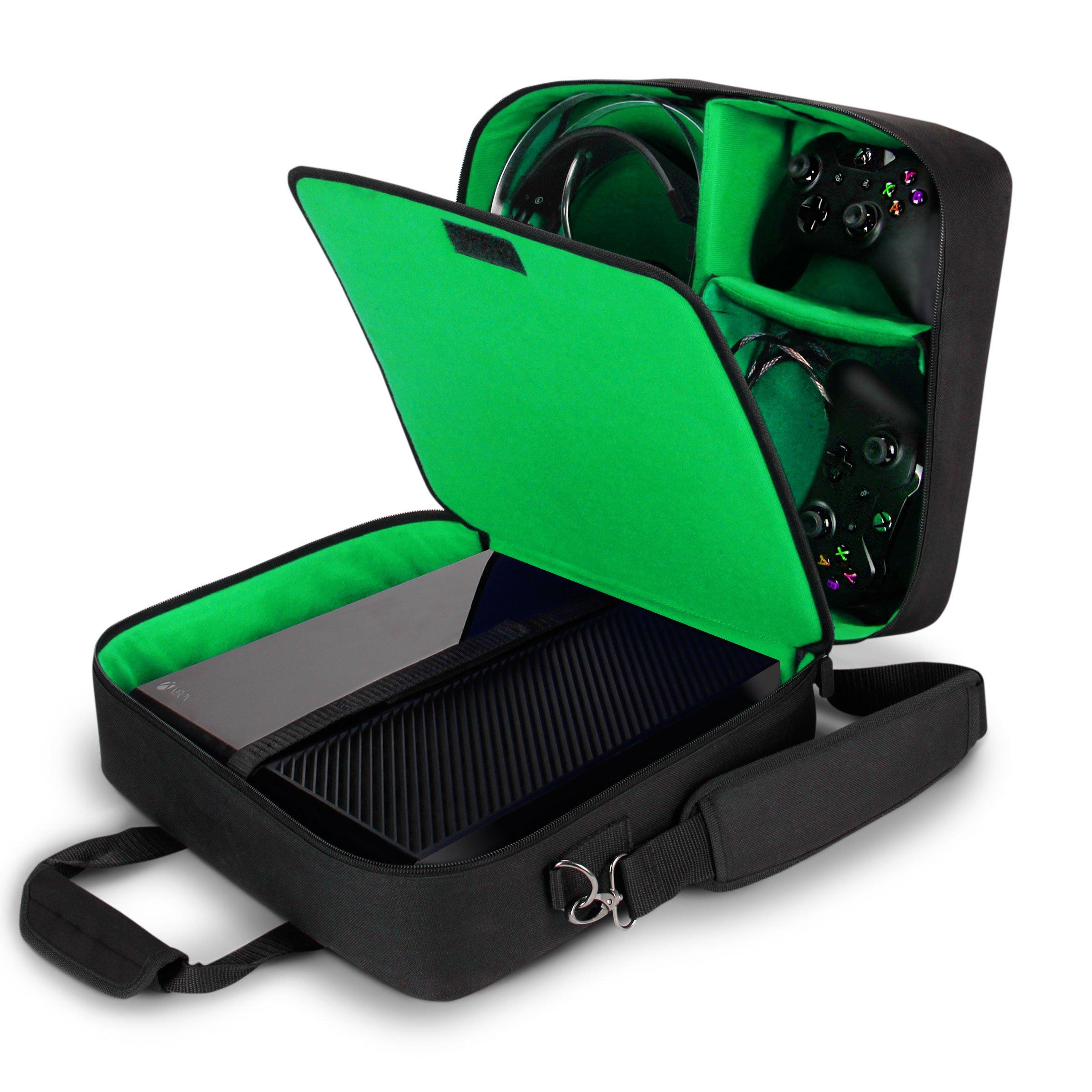 USA Gear Console Carrying Case - Xbox Travel Bag Compatible with Xbox One and Series S with Water Resistant Exterior and Accessory Storage for Controllers, Cables, Gaming Headsets and More