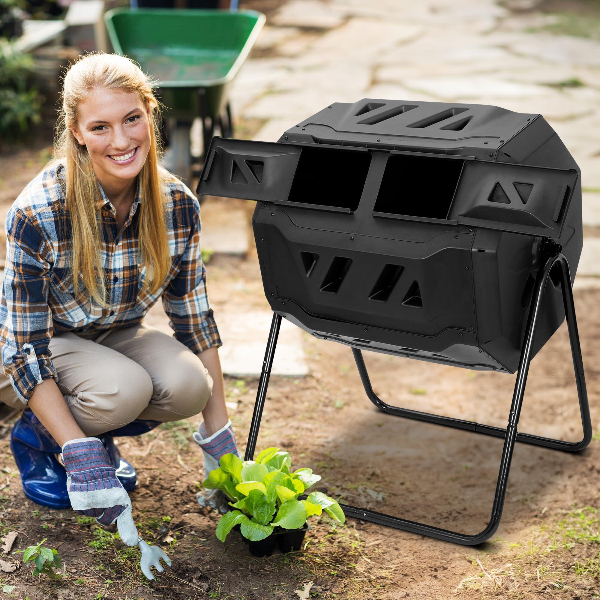 SUPER DEAL Outdoor Compost Tumbler 43 Gallon Dual Chamber Large Compost Bin 360° Rotating Tumbling Composter BPA Free for Garden Yard, Black - Image 2
