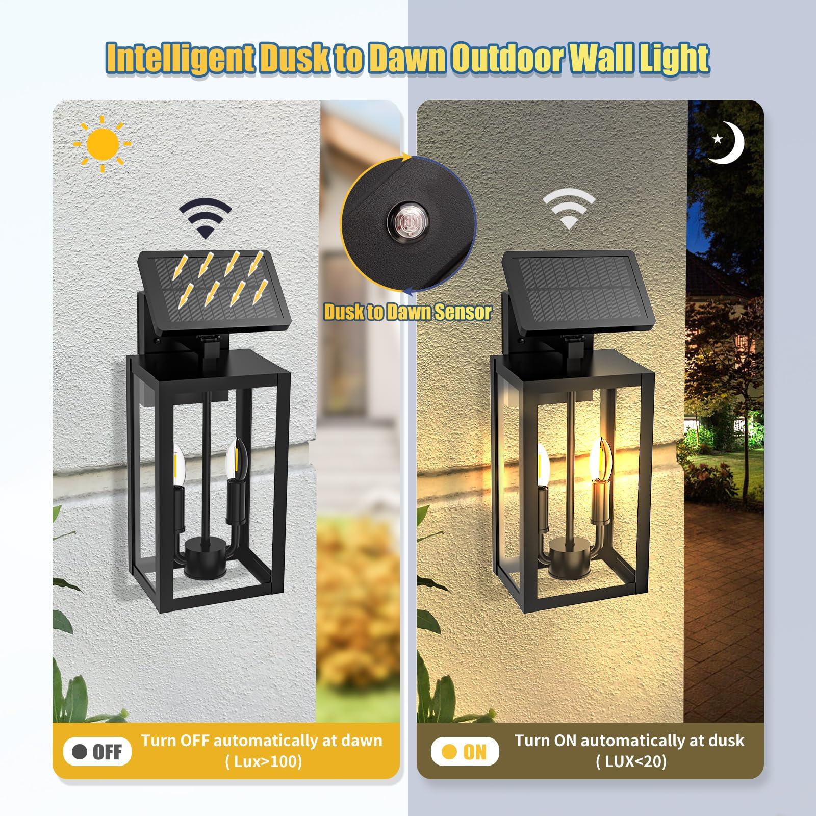 CNCHUROU 16" Dusk to Dawn Outdoor Wall Lights Fixtures With Sensor, 2-Light Exterior Solar Wall Lights Outdoor, Black, Modern Style, Waterproof, IP65, 240 Lumen, 1 Pack - Image 3