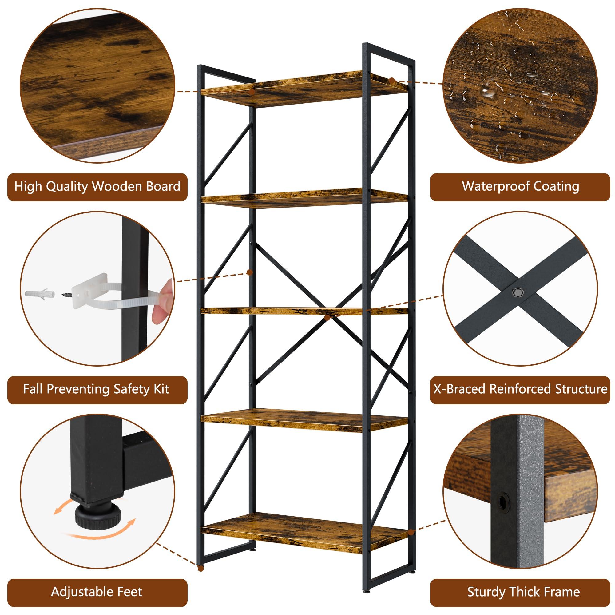 Shintenchi 2 Pieces 5 Tiers Bookshelf, Classically Tall Bookcase Shelf, Industrial Book Rack, Modern Book Holder in Bedroom/Living Room/Home/Office, Storage Rack Shelves for Books/Movies-Rustic Brown - Image 7