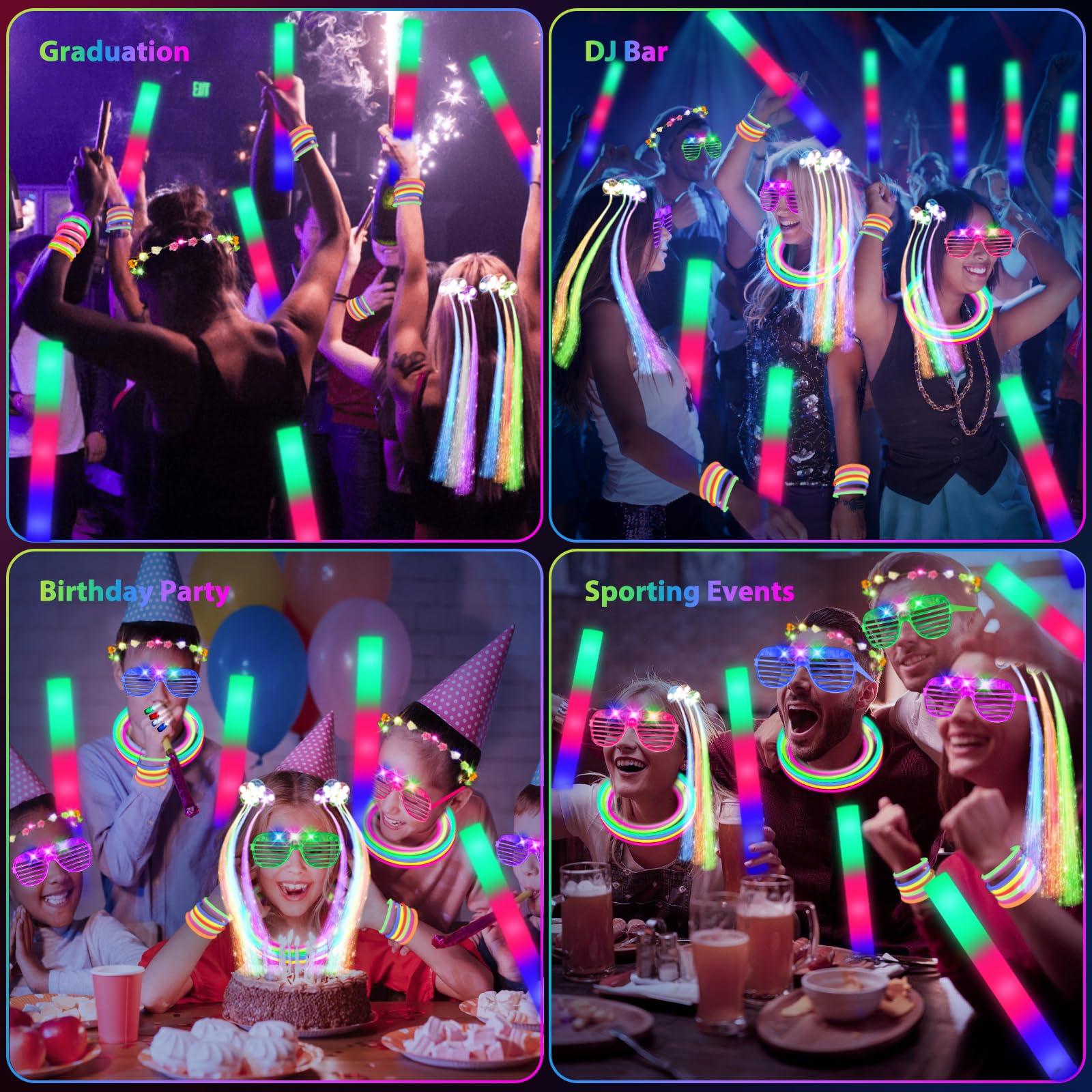 302 PCS Glow in the Dark Party Supplies, 20 LED Hair Clips Fiber Optic, 16 LED Glasses, 16 Foam Glow Sticks, 10 Light Up Flower Crowns, 40 Finger Lights,200 Glow Sticks for Glow Party Wedding Birthday - Image 6
