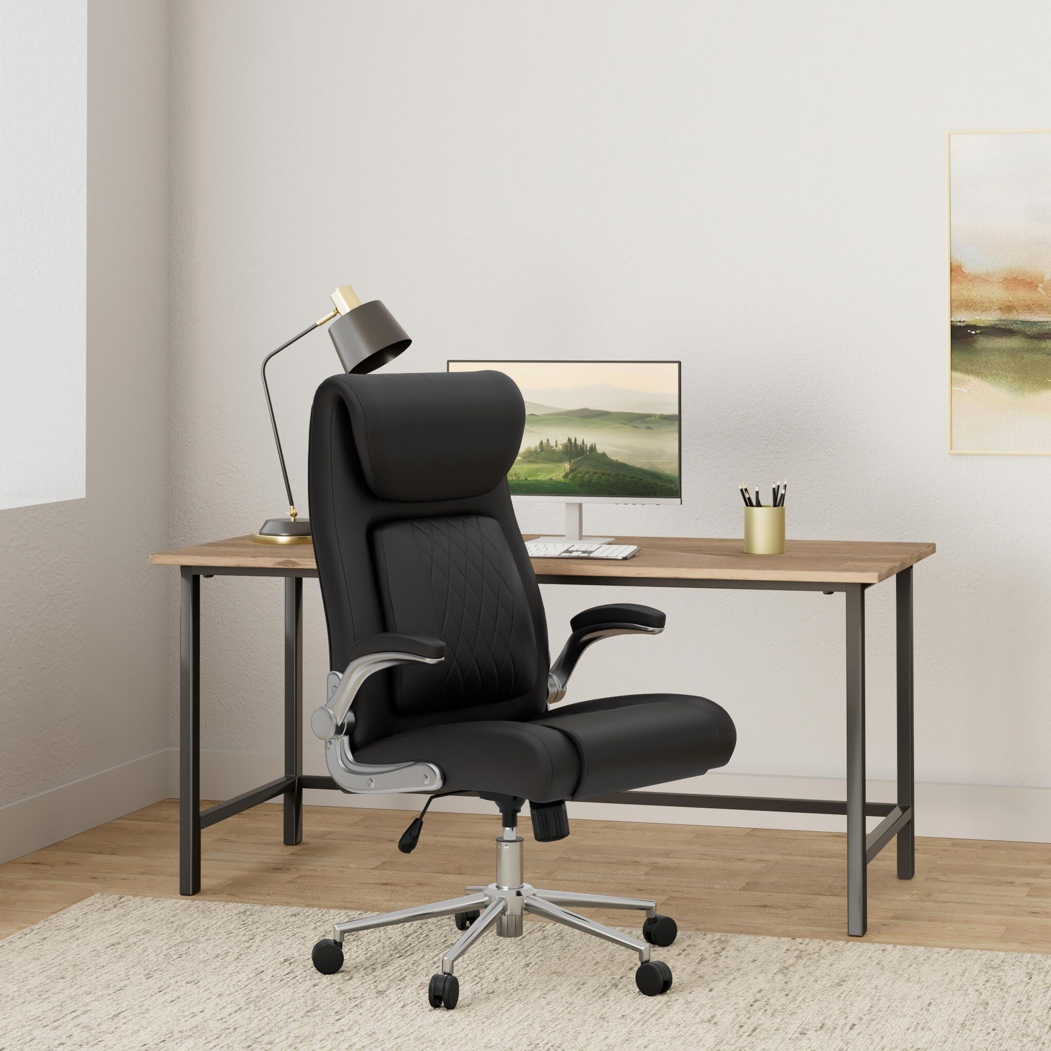 Marsail Ergonomic PU-Leather Office Chair: 5 Settings Lumbar Support, Executive Office Chair Height Adjustable with Padded Flip-up Arms, Executive Desk Chair for Working Study-Black - Image 2