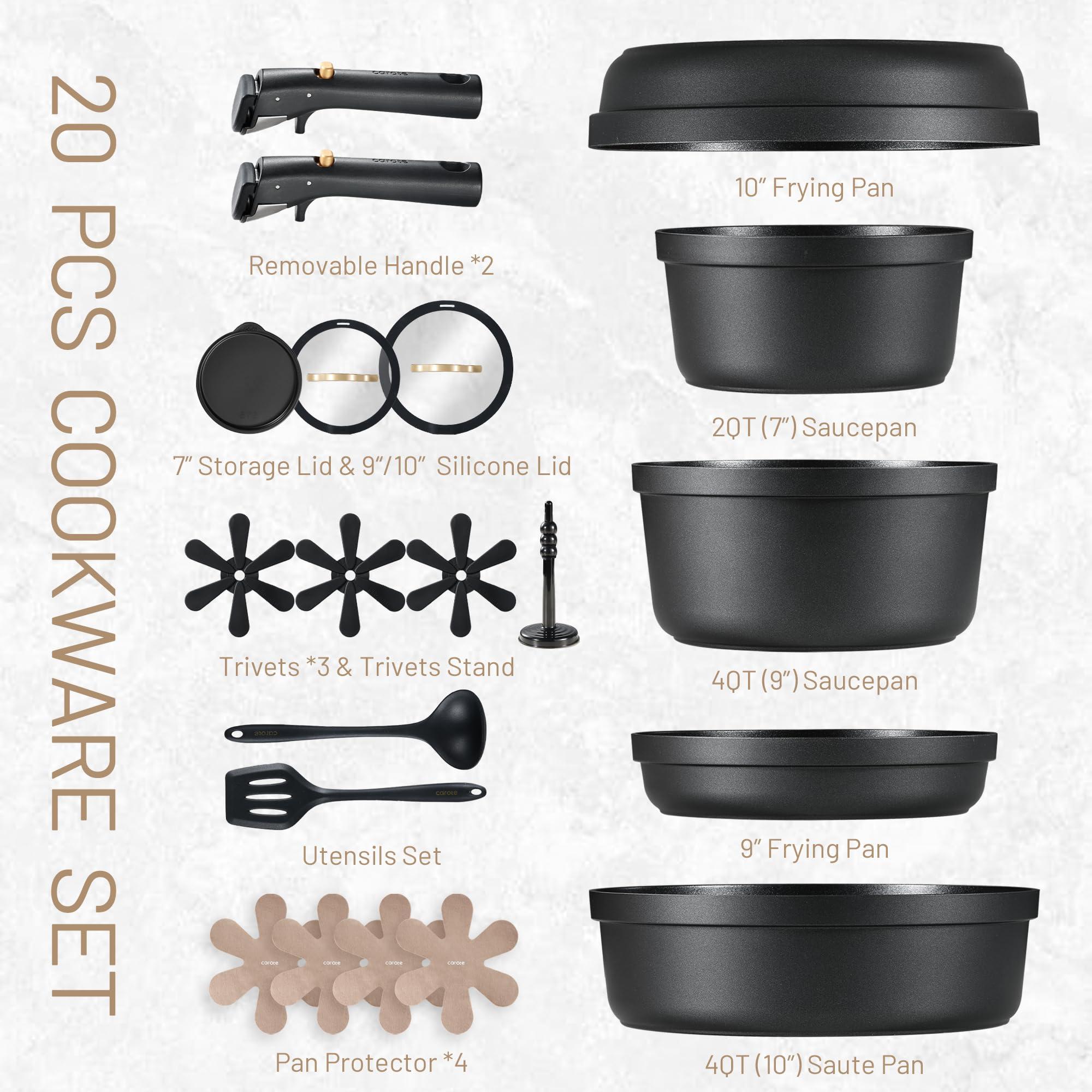 CAROTE 20pcs Pots and Pans Set Non Stick, Nonstick Cookware Set, Dishwasher/Oven/Fridge Safe Pots and Pans, Removable Handle RV Oven Safe Cookware, Induction Kitchen Set, Black - Image 3