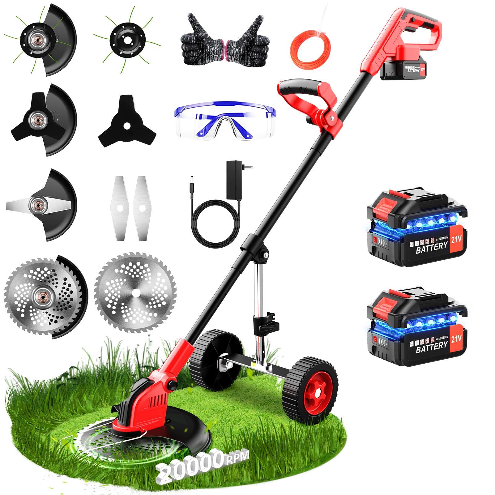 20000 RPM Electric Weed Wacker with Wheel,12″ Brushless Cordless Weed Eater Battery Powered, 4-in-1 Brush Cutter/String Trimmer/Grass Trimmer/Lawn Mower,Edger Stringless Weed Trimmer,5 Blade,2 Battery