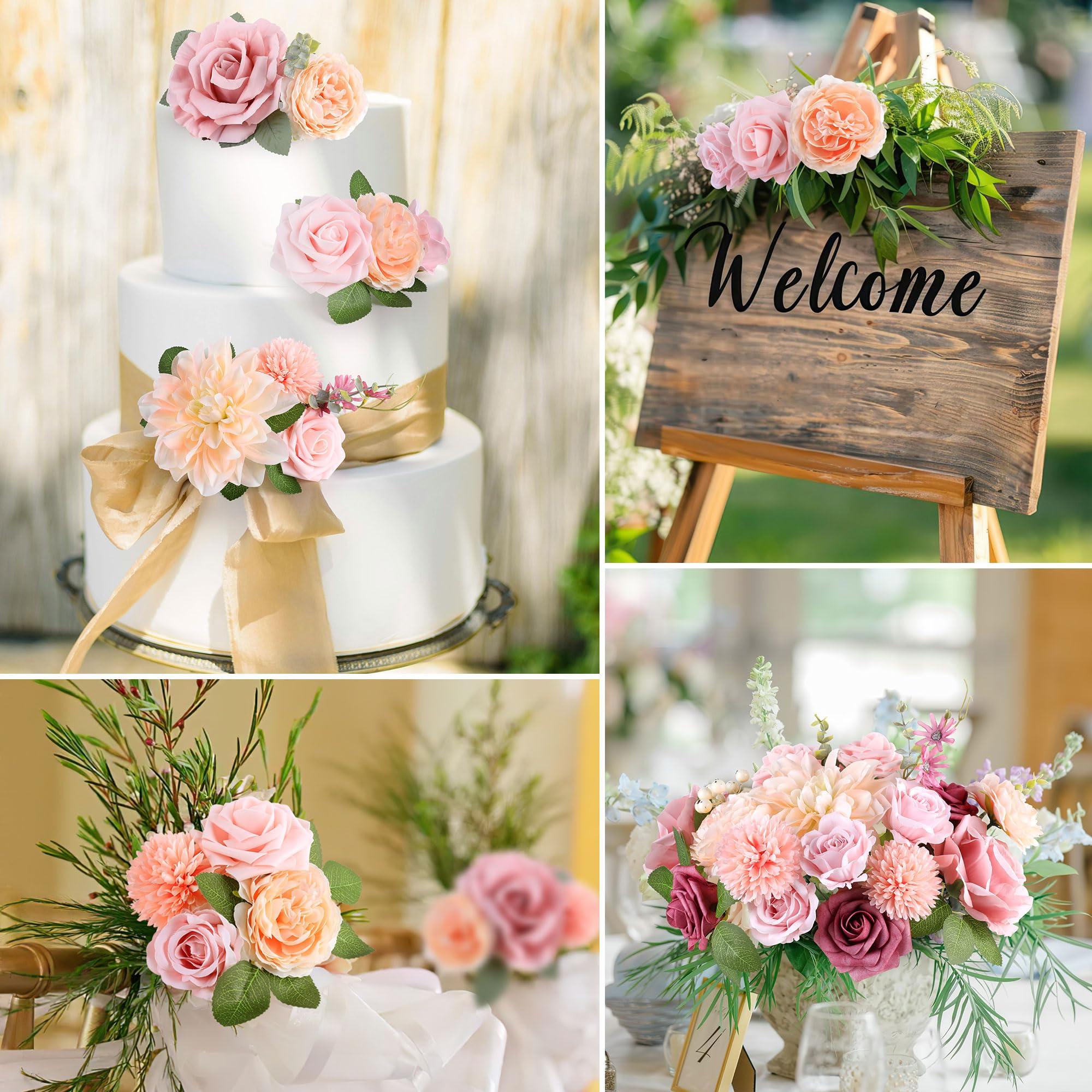 AGIRL Rose Artificial Flowers Combo Fake Flowers Pink Roses Silk Flowers with Stems for DIY Bridal Wedding Bouquets Centerpieces Arrangements Table Party Baby Shower Home Decor (Champagne Pink) - Image 6