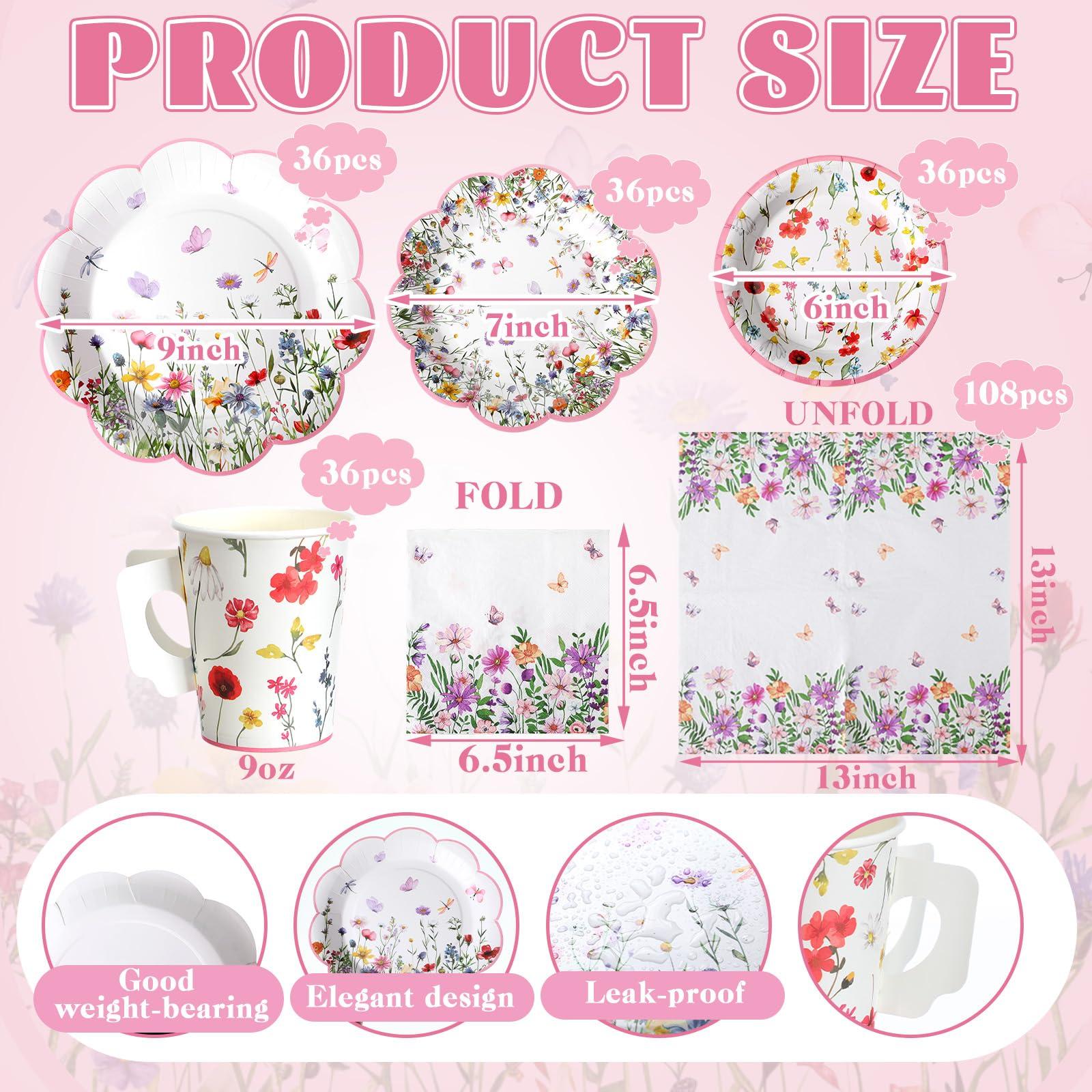 Pickmesh 252 Pcs Floral Tea Party Supplies for 36 Guests Wildflower Paper Disposable Dinnerware Floral Teacups with Handle and Saucers Sets for Tea Party Decorations Birthday Baby Shower Wedding - Image 3