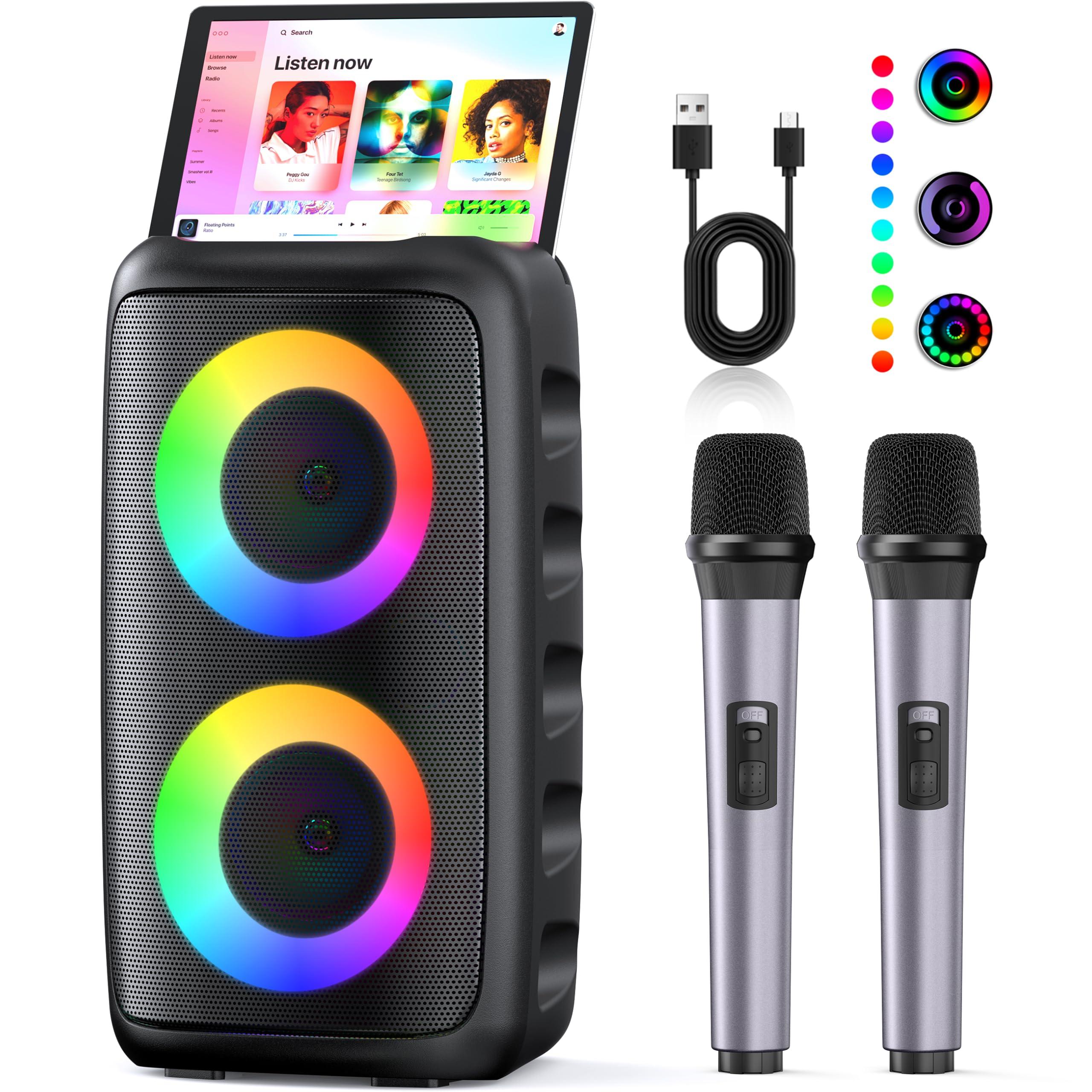 Powered PA Speaker, Bluetooth Loudspeaker, Portable Bluetooth Karaoke Player Machine with 2 Wireless Karaoke Microphones for Adults Kids with Subwoofer, Support TWS/TF/USB/AUX for Home Party Outdoor