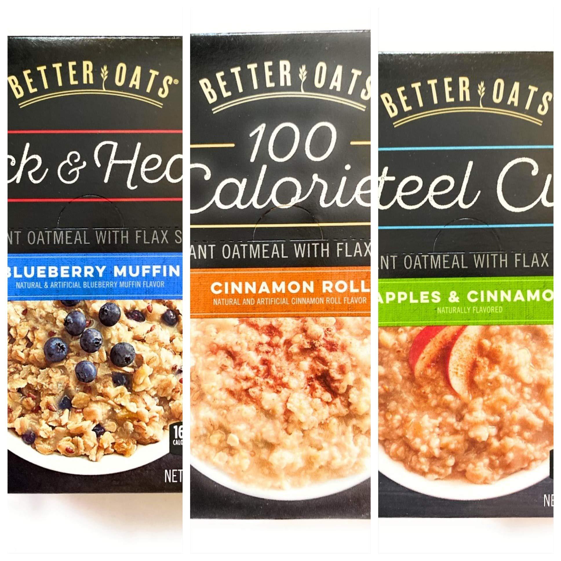 Better Oats Instant Oatmeal - 3 Flavor Variety Pack of 10 pouches each, including Blueberry Muffin, Cinnamon Roll and Apples & Cinnamon for a total of 30 Packets of oatmeal.
