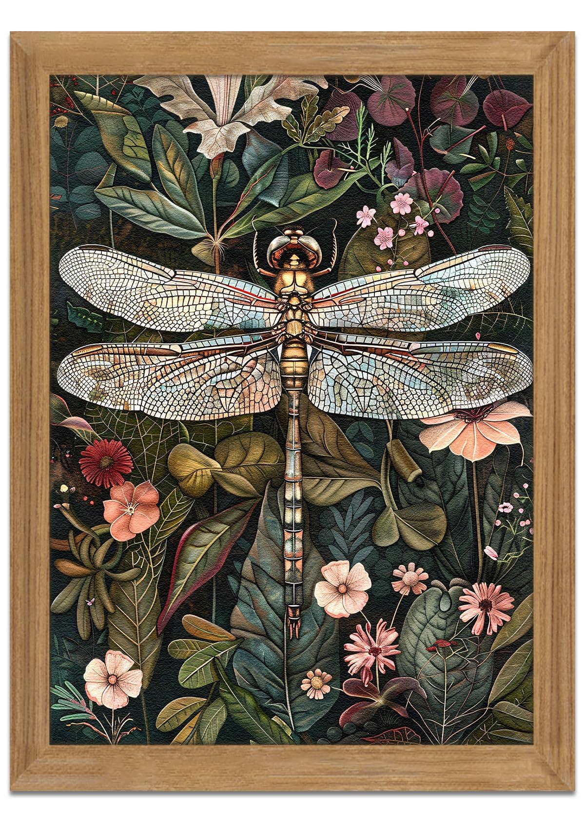Framed Vintage 3D Textured Wall Art - Dark Green Dragonfly Flowers Wall Decor - Hand Drawn Sandstone Nature Botanical Pictures for Living Room Bedroom Home Decor 12x16in