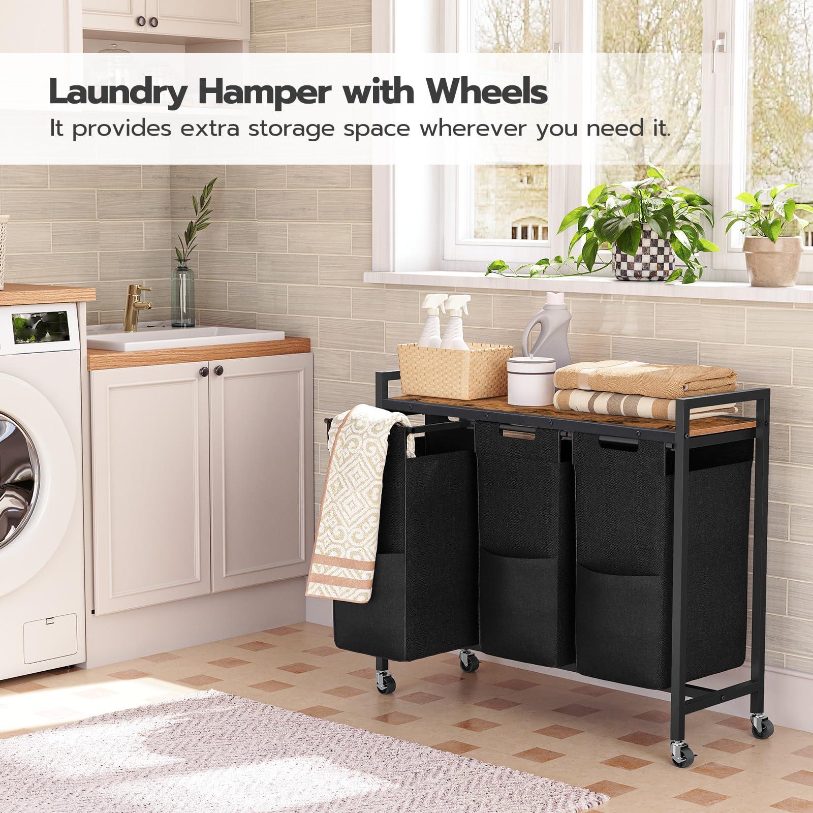 HOOBRO Laundry Sorter 3 Section, Laundry Hamper with Wheels, 3 × 11.5 Gal (43.5 L), Rolling Laundry Basket, Pull-Out and Removable Oxford Fabric Laundry Bags, Rustic Brown and Black BF76XY01 - Image 3