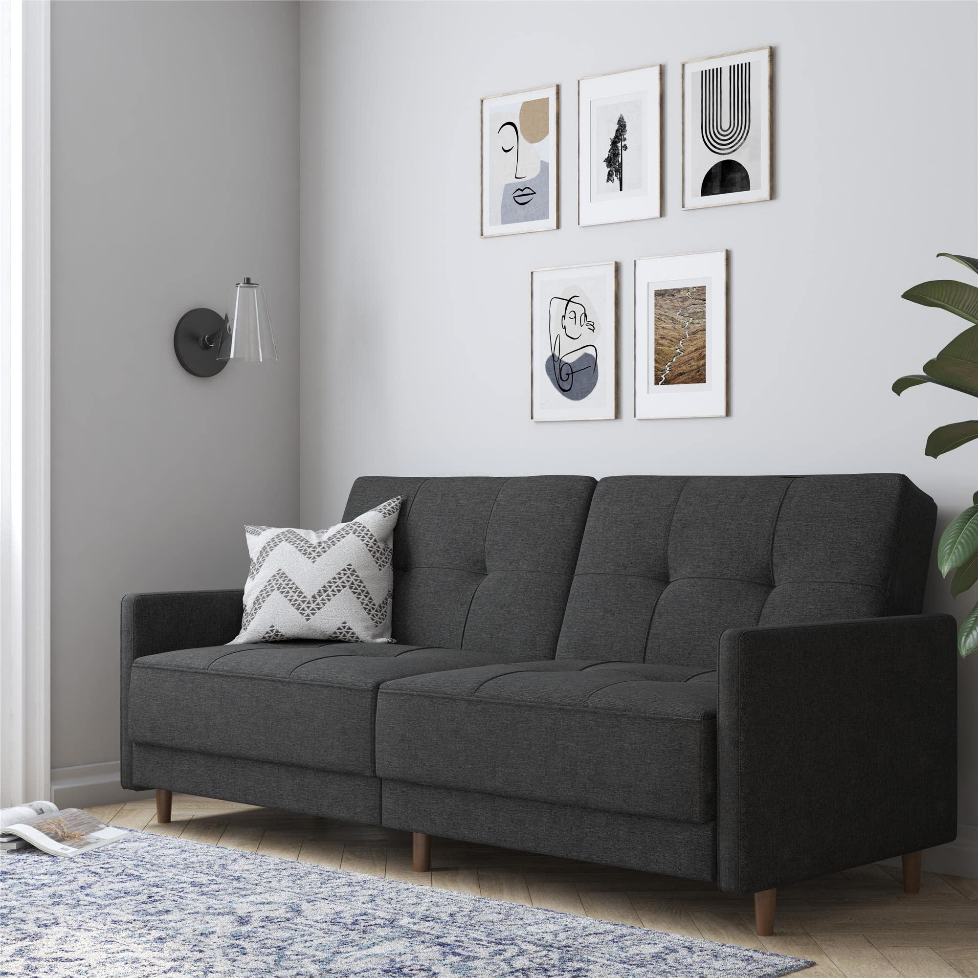 DHP Andora 76 Inch Futon Sofa Bed, Modern Upholstered Couch Sleeper with Button Tufted Back and Seat, Full, Grey - Image 4