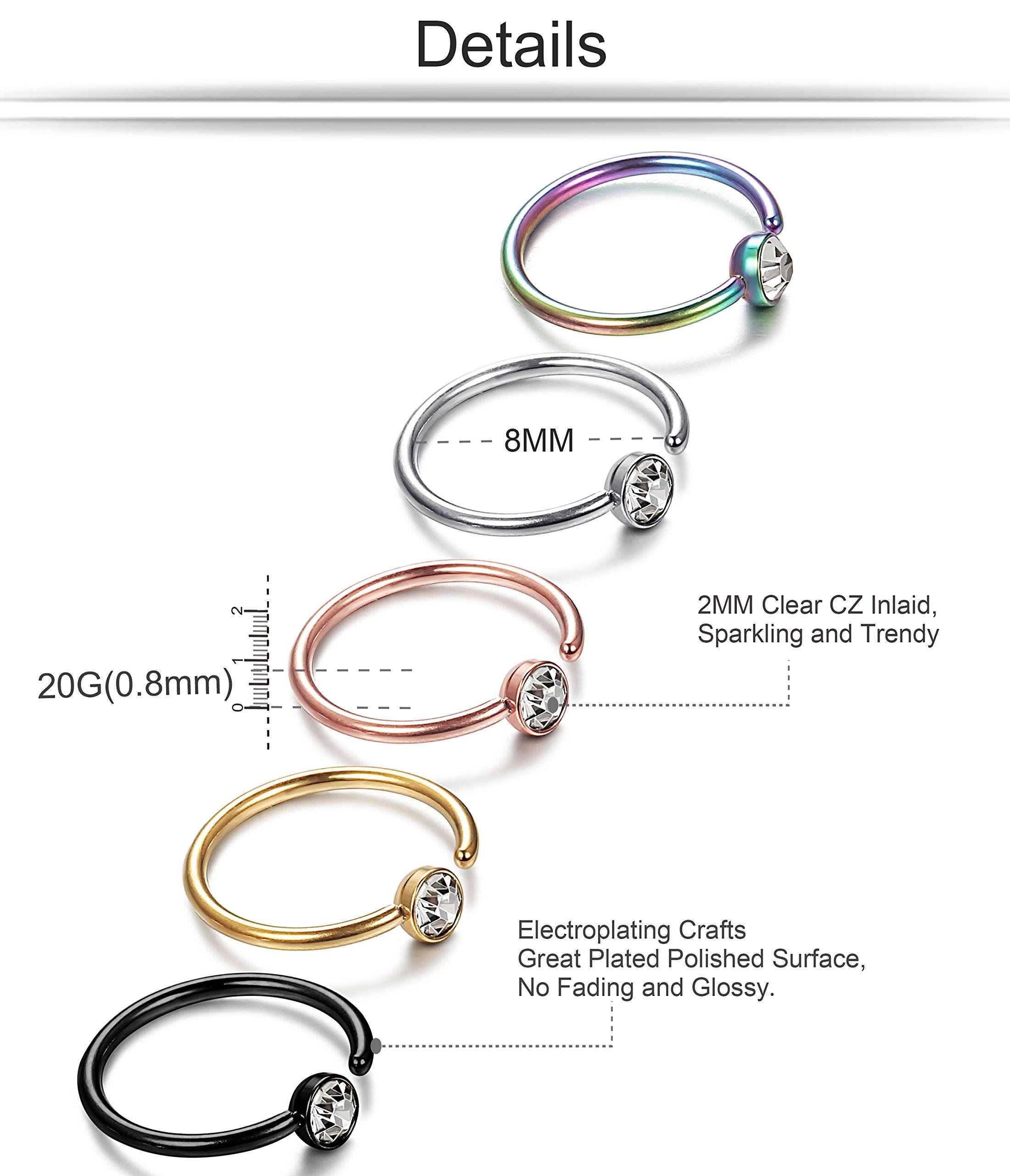 ORAZIO 5-12Pcs 20G Stainless Steel Nose Ring Hoop CZ Body Ear Piercing 5 Mixed Colors - Image 2