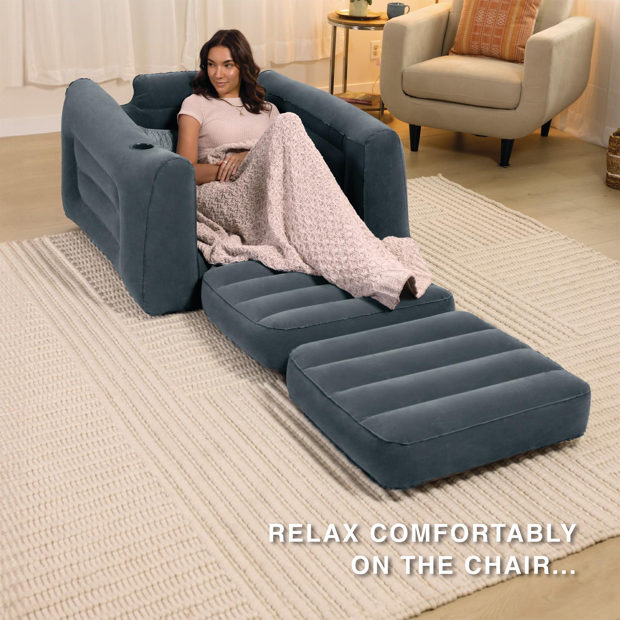 Intex 66551EP Inflatable Pull-Out Chair: Built-in Cupholder – Velvety Surface – 2-in-1 Valve – Folds Compactly – 80" x 91" x 26" - Image 5
