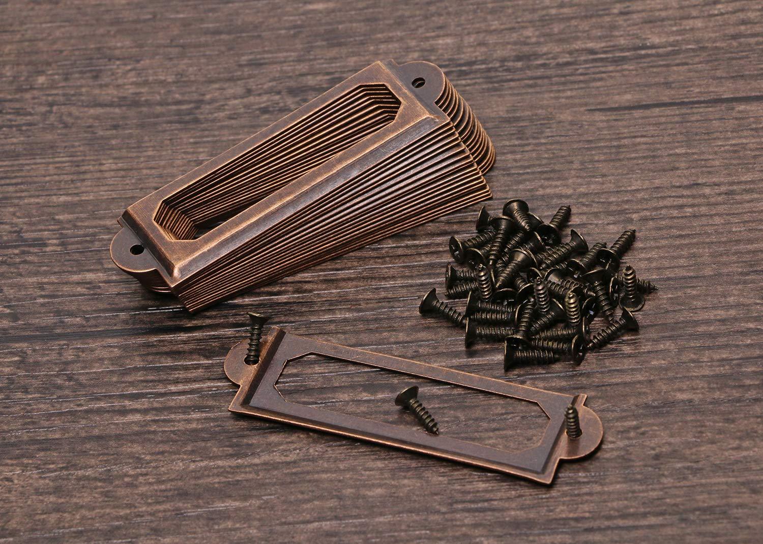 ONLYKXY 20Pcs Antique Brass Metal Drawer Door Lab Tag Label Pull Frame Handle File Name Card Holder for Furniture Cabinet Hardware Box Case Bin 17x60mm (Red Copper) - Image 2