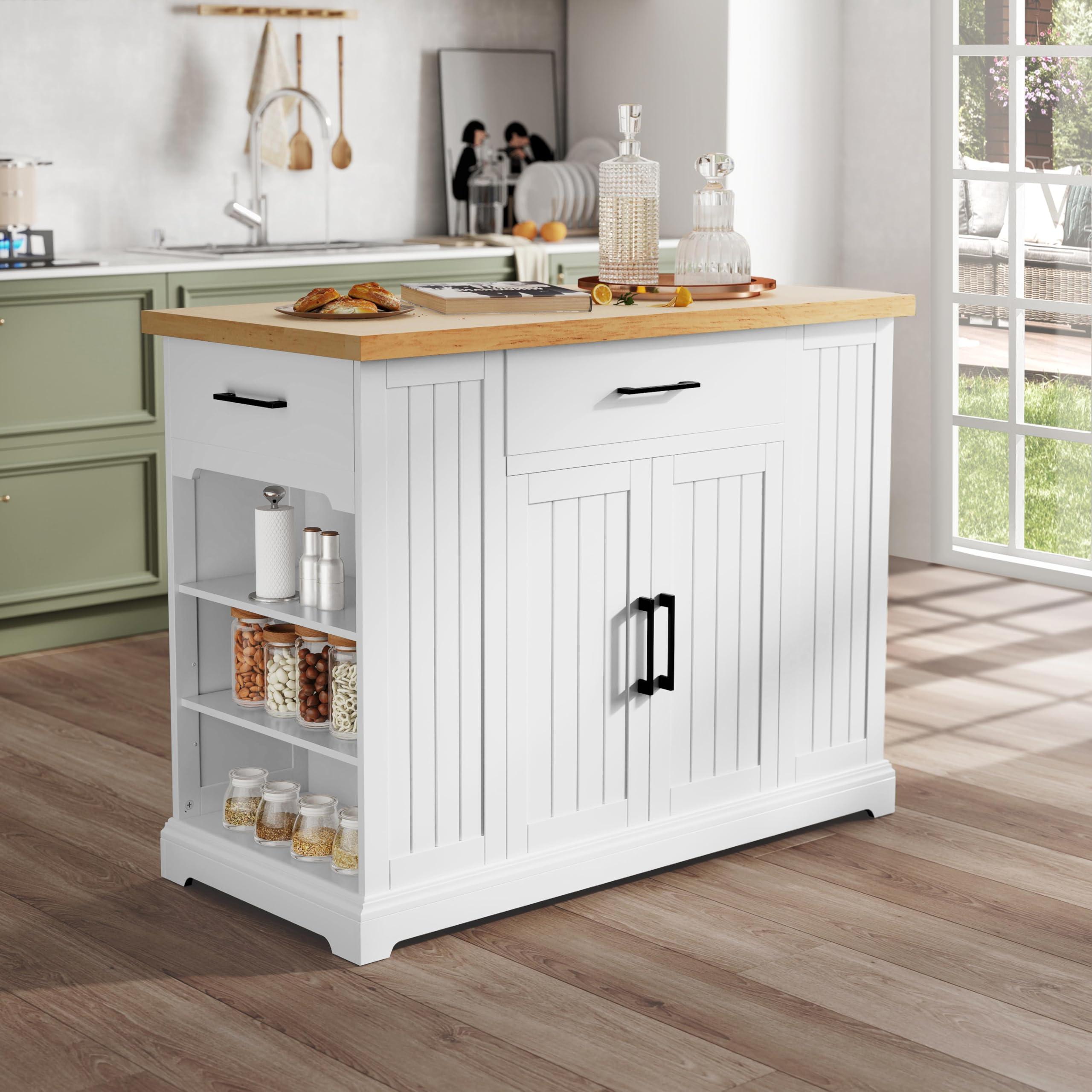 Yaheetech Rolling Kitchen Island Cart with 3 Drawers, Kitchen Storage Cabinet on Wheels with Open Shelves and Inner Adjustable Shelves for Dining Room/Living Room, Thicker Rubberwood Top, White - Image 4