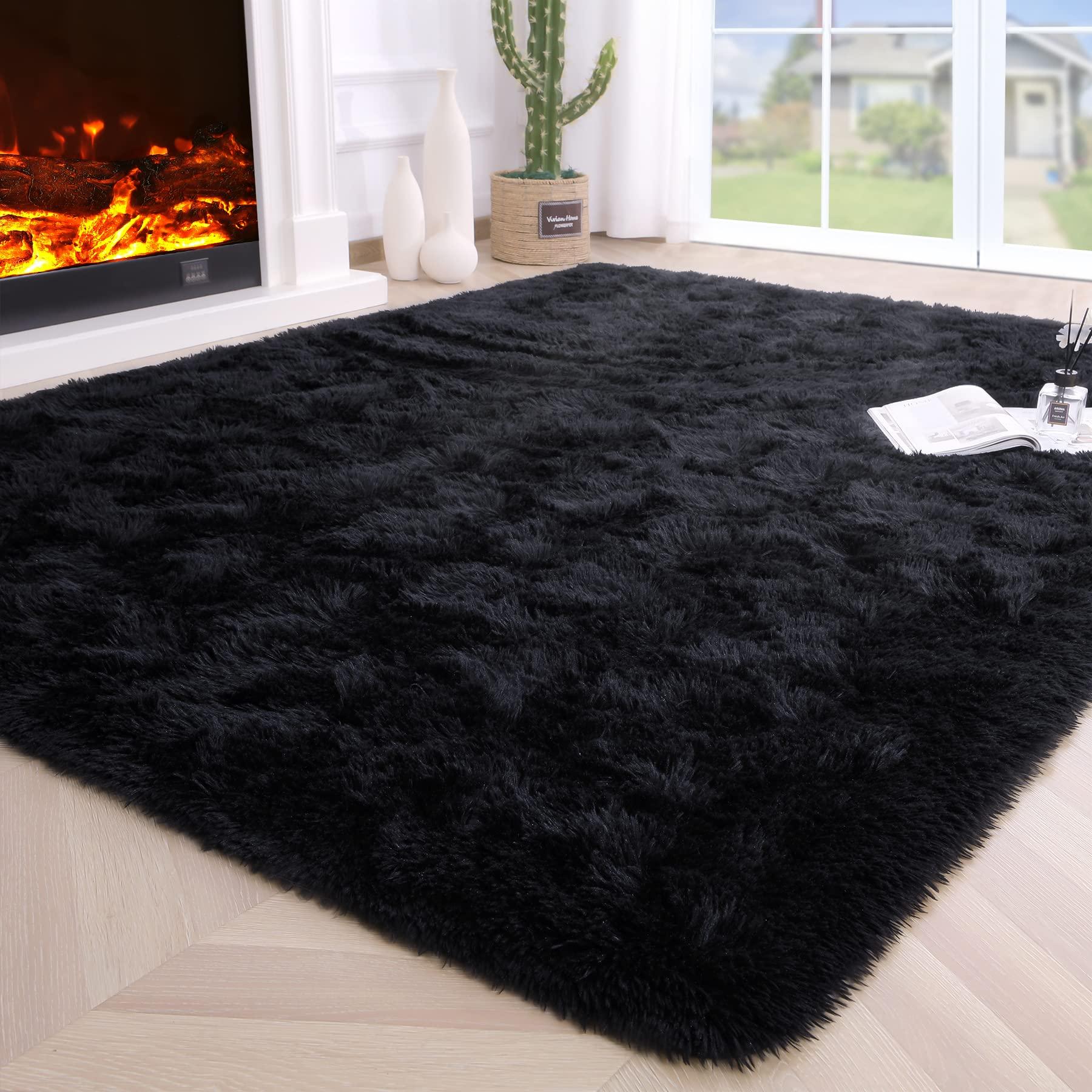 Noahas Fluffy Black Area Rugs for Bedroom Living Room,4x5.3 Feet Thick Shag Throw Floor Carpet,Soft Shaggy Non-Slip Plush Dorm Nursery Kids Rug Home Decor Aesthetic - Image 1
