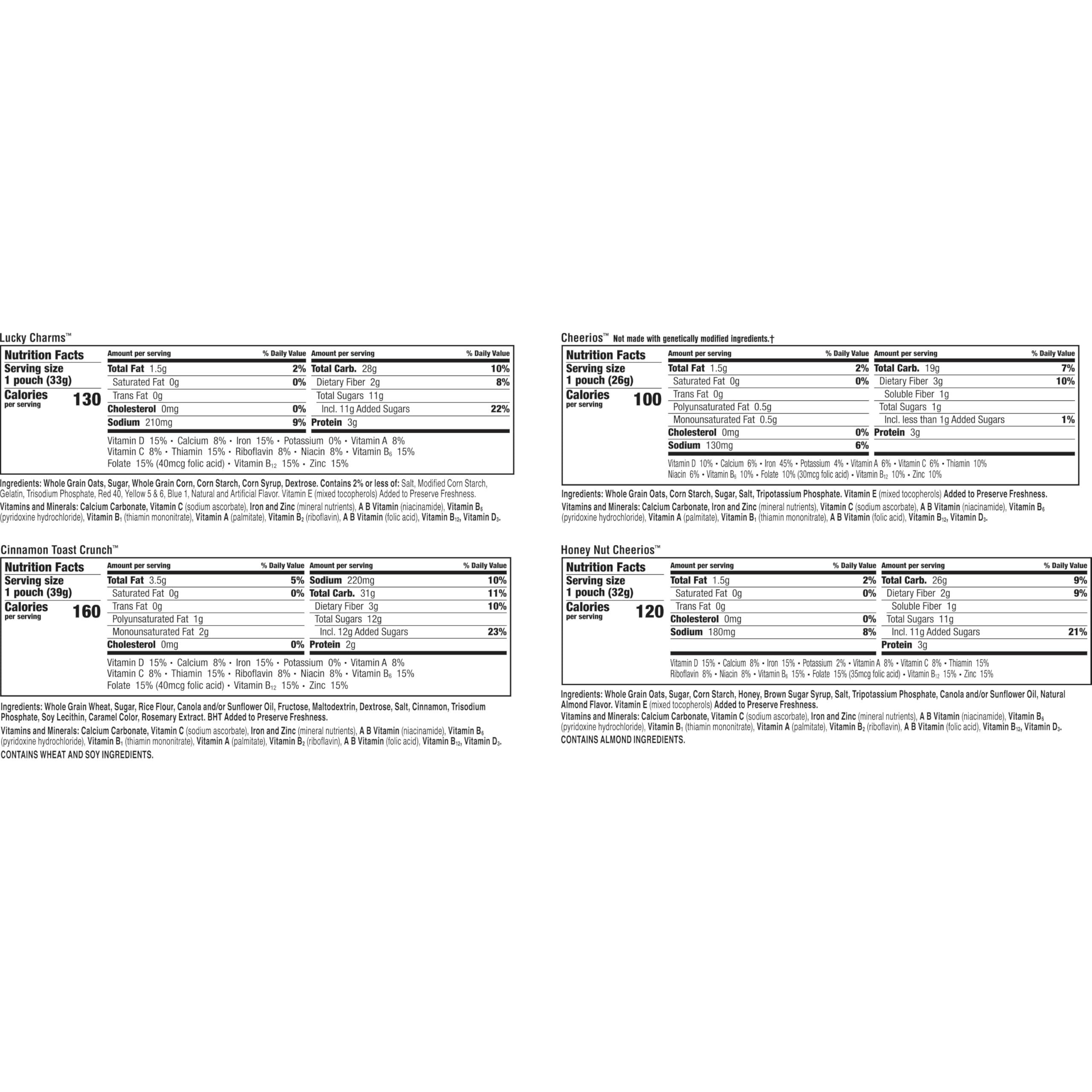 General Mills Cereal Variety Pack, Lucky Charms, Cinnamon Toast Crunch, Cheerios, and Honey Nut Cheerios, 8 Single Serve Pouches, 9.14 oz - Image 2