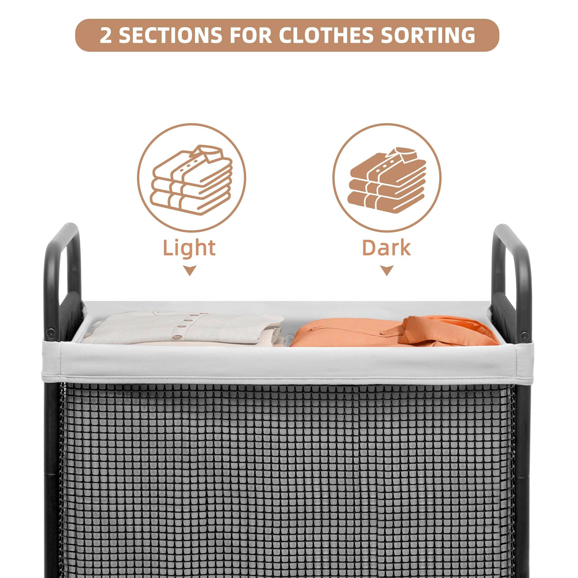 STORAGE MANIAC Rolling Laundry Hamper with Wheels 2-Section Laundry Sorter Rolling Laundrys Basket on Wheels with Removable Bag Clothes Hamper Laundrys Organizer Cart Bathroom Bedroom 100L Grey - Image 6