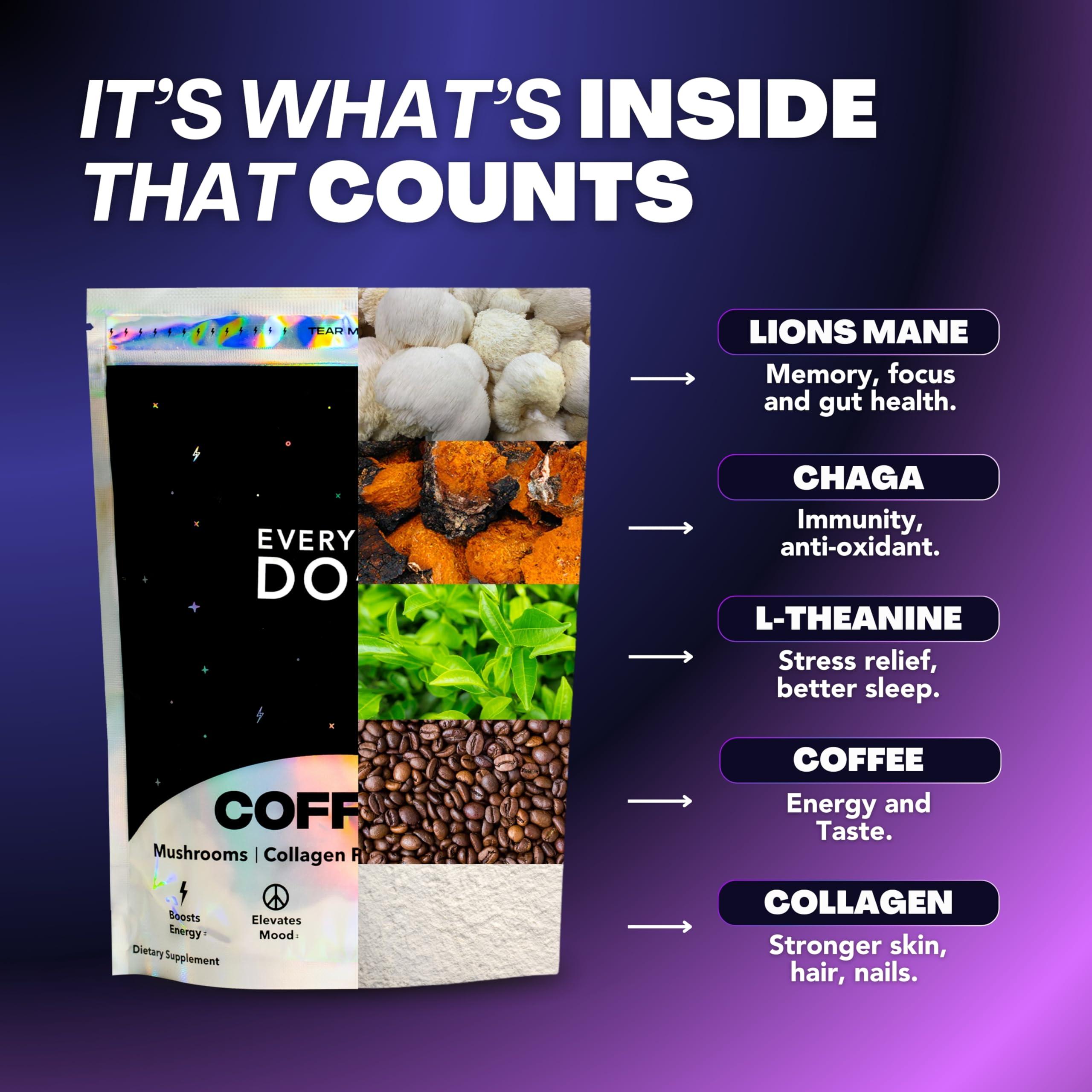 Everyday Dose Premium Adaptogenic Mushroom Coffee with Grass-Fed Collagen, Chaga, Lions Mane & L-Theanine for Better Focus, Energy, Digestion, Skin, and Immunity 30 Servings - Image 3
