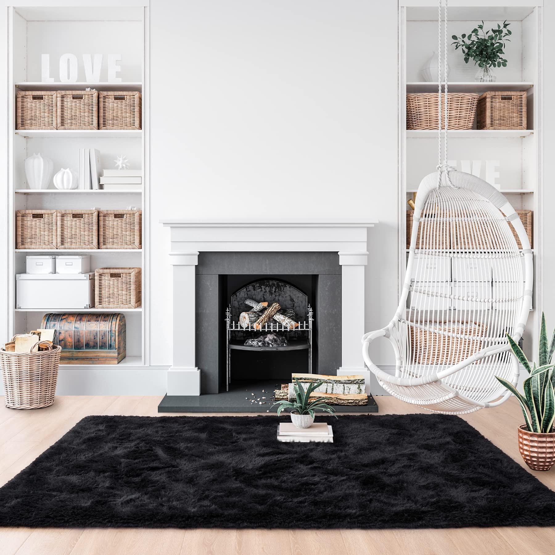 Noahas Fluffy Black Area Rugs for Bedroom Living Room,4x5.3 Feet Thick Shag Throw Floor Carpet,Soft Shaggy Non-Slip Plush Dorm Nursery Kids Rug Home Decor Aesthetic - Image 3