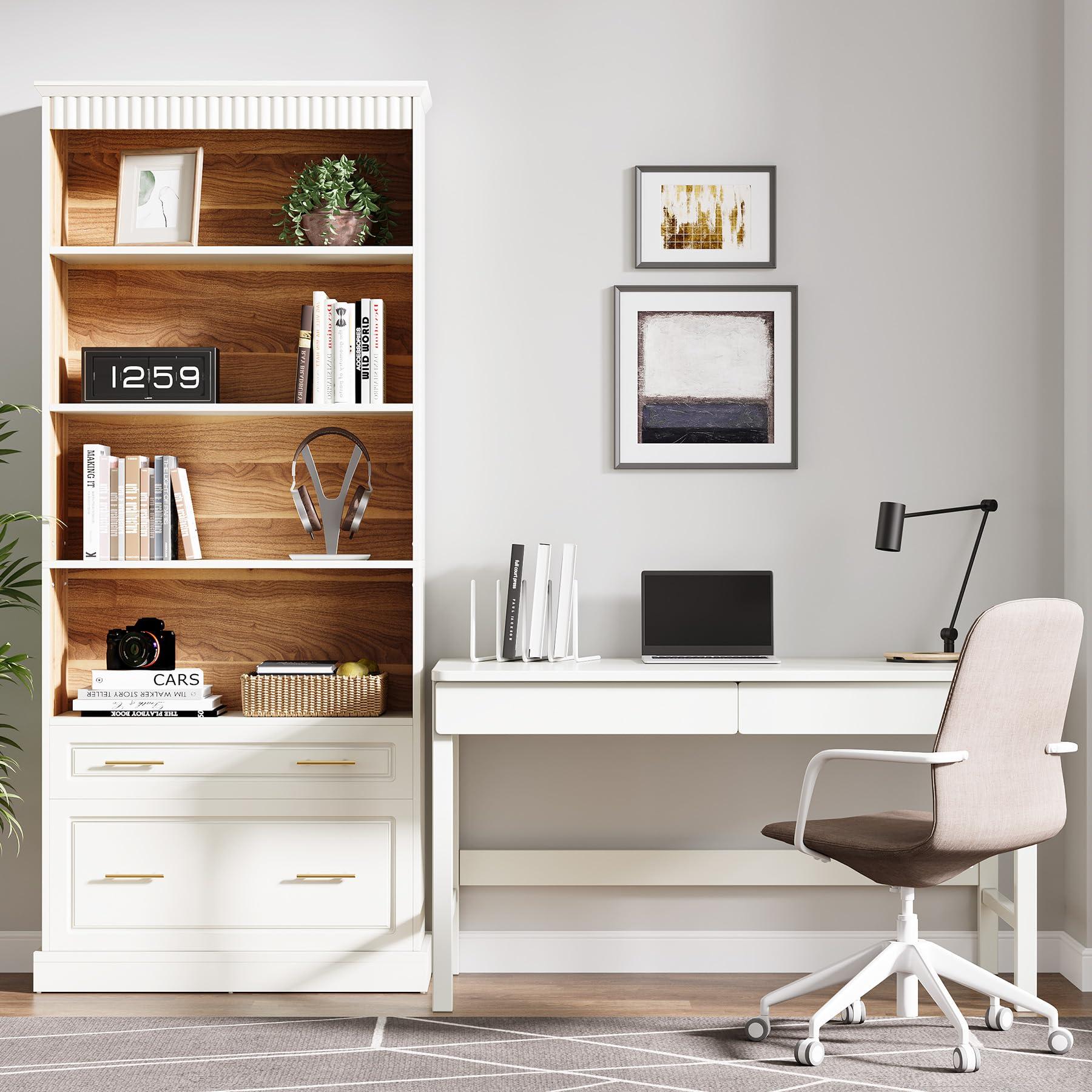 Tribesigns 5-Shelf Bookcase with File Cabinet Drawer, 72" Tall Bookshelf, Modern Free-Standing Wood Bookcase, Large Open Display Storage Book Shelf for Living Room (2, White) - Image 4
