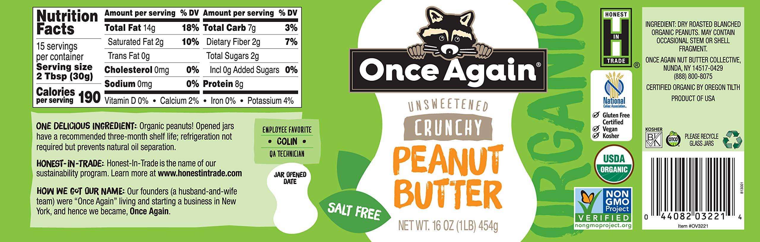 Once Again Organic, Crunchy Peanut Butter - Salt Free, Unsweetened - 16oz Jar - Image 2