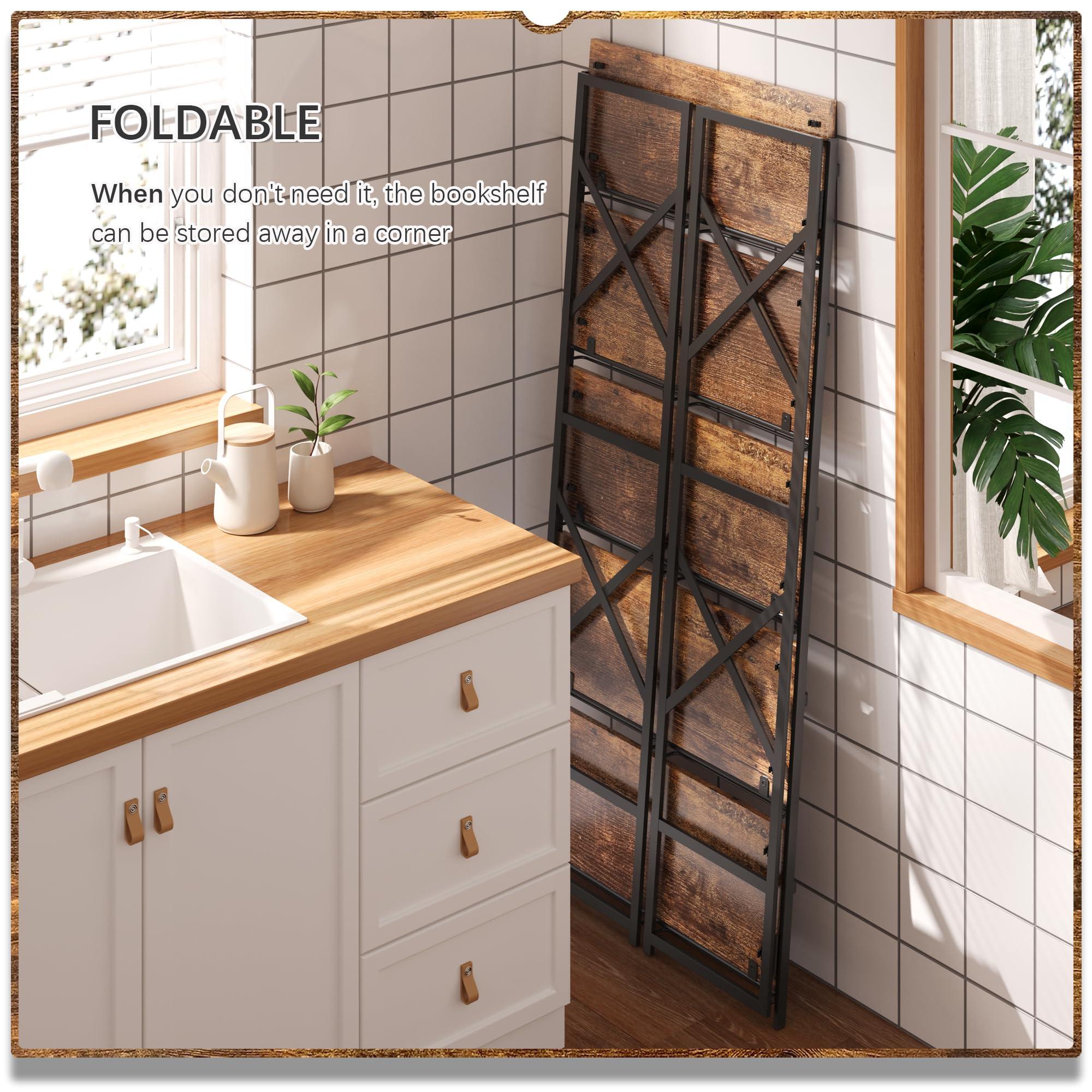 4NM 5 Tiers No Assembly Book Shelves, Black Folding Bookshelf Bookcase Open Industrial Foldable Shelves for Bedroom, Living Room, Home Office - Rustic Brown Black - Image 4