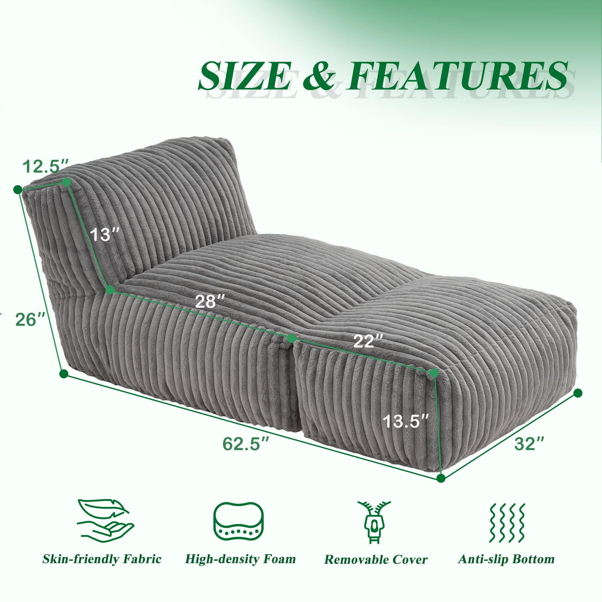 Hobestluk Big Bean Bag Lounger Chairs Large Beanbag Chair for Adults Bean Bag Sofa with Memory Foam Filled for Living Room, Bedroom or Balcony (Grey) - Image 2