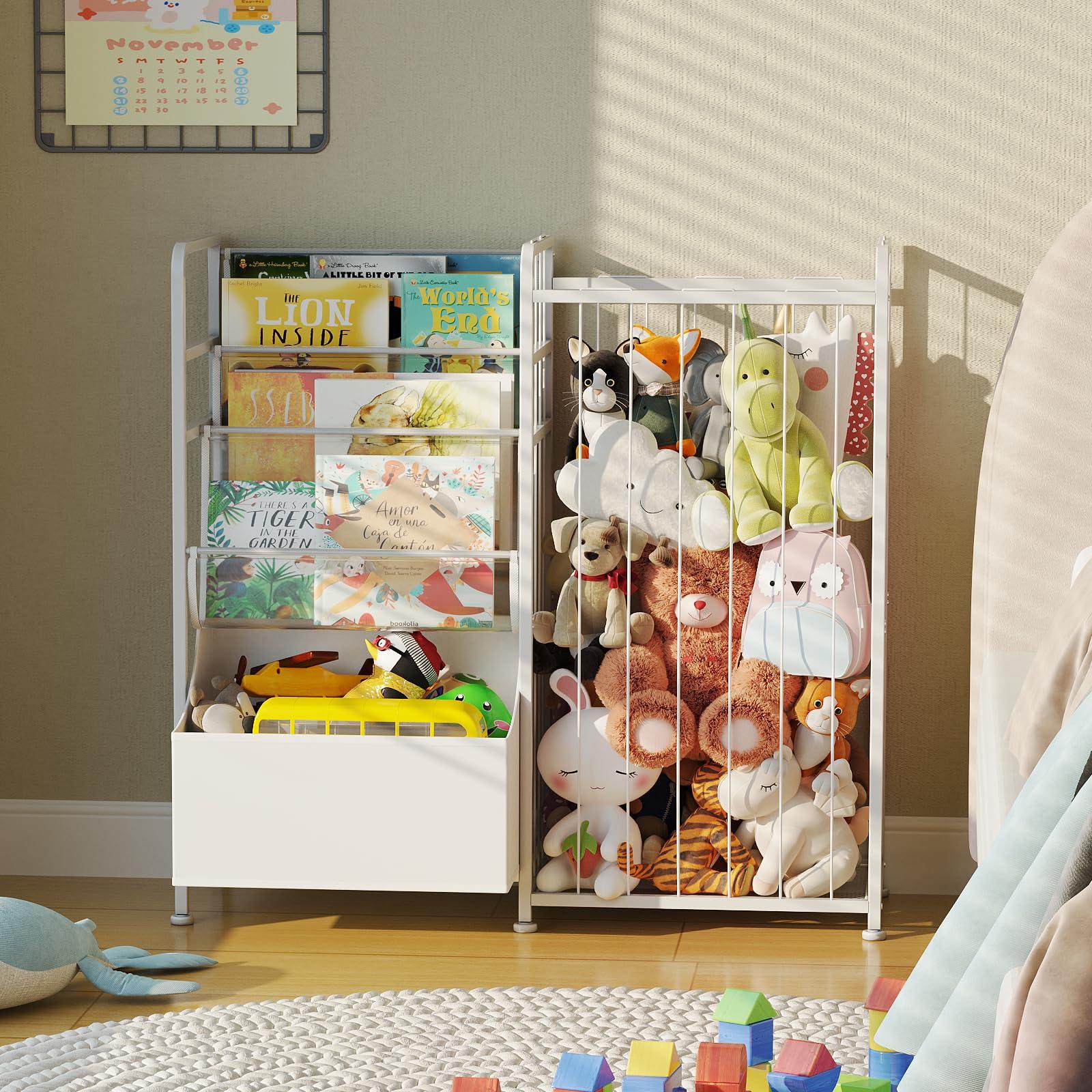 BBLIKE Kids Bookshelf and Stuffed Animal Storage - Multi-Function Nursery Book Shelves with Leather Toy Box and PVC Book Display, Toy Organizer for Playroom, Bedroom, Nursery, White - Image 2