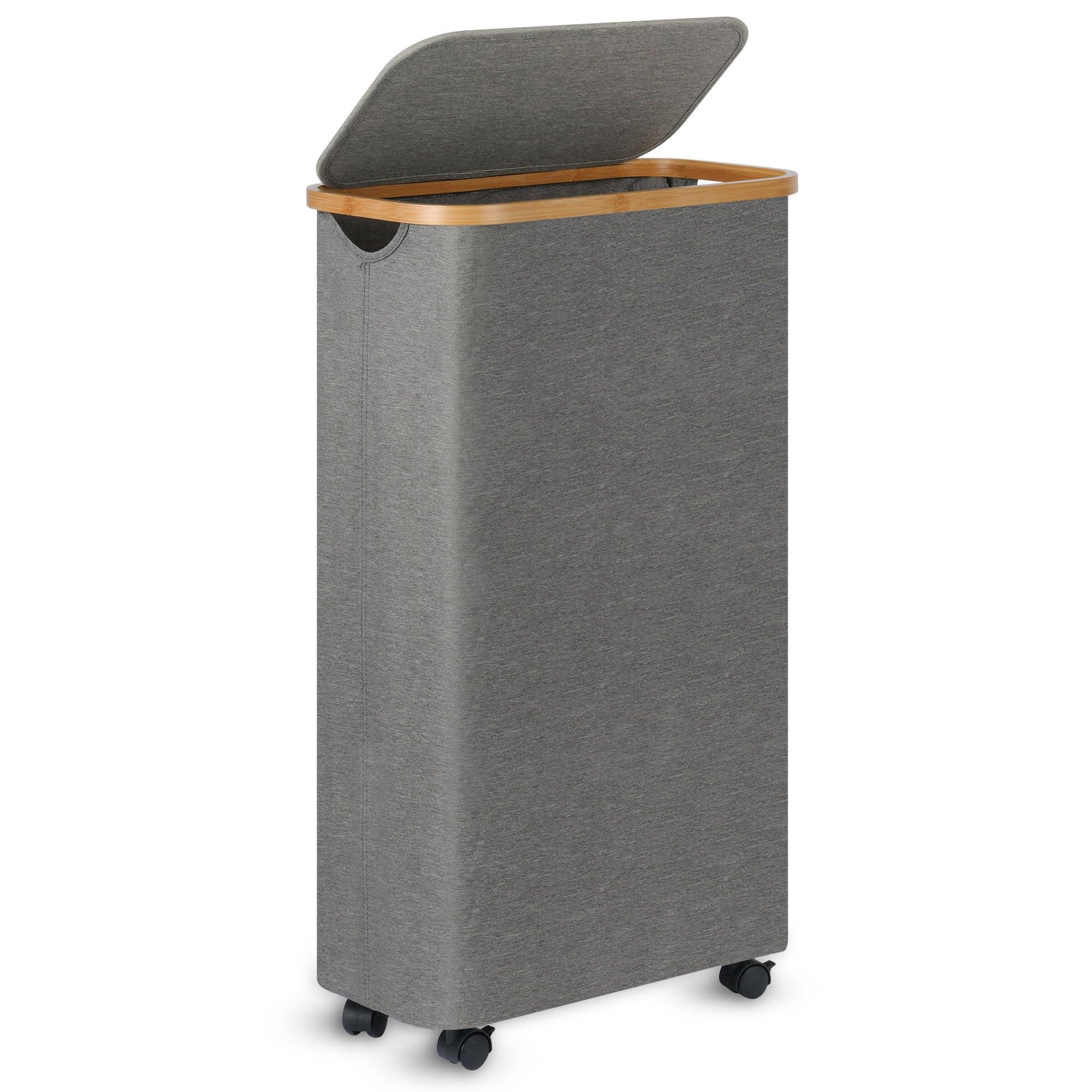 Merkisa Slim Laundry Basket with Wheels,Narrow Hampers for Laundry, Laundry Hamper with Lid&Bamboo Handles,Collapsible Waterproof Tall Cloth Hamper for Dorm Family(60L Grey)