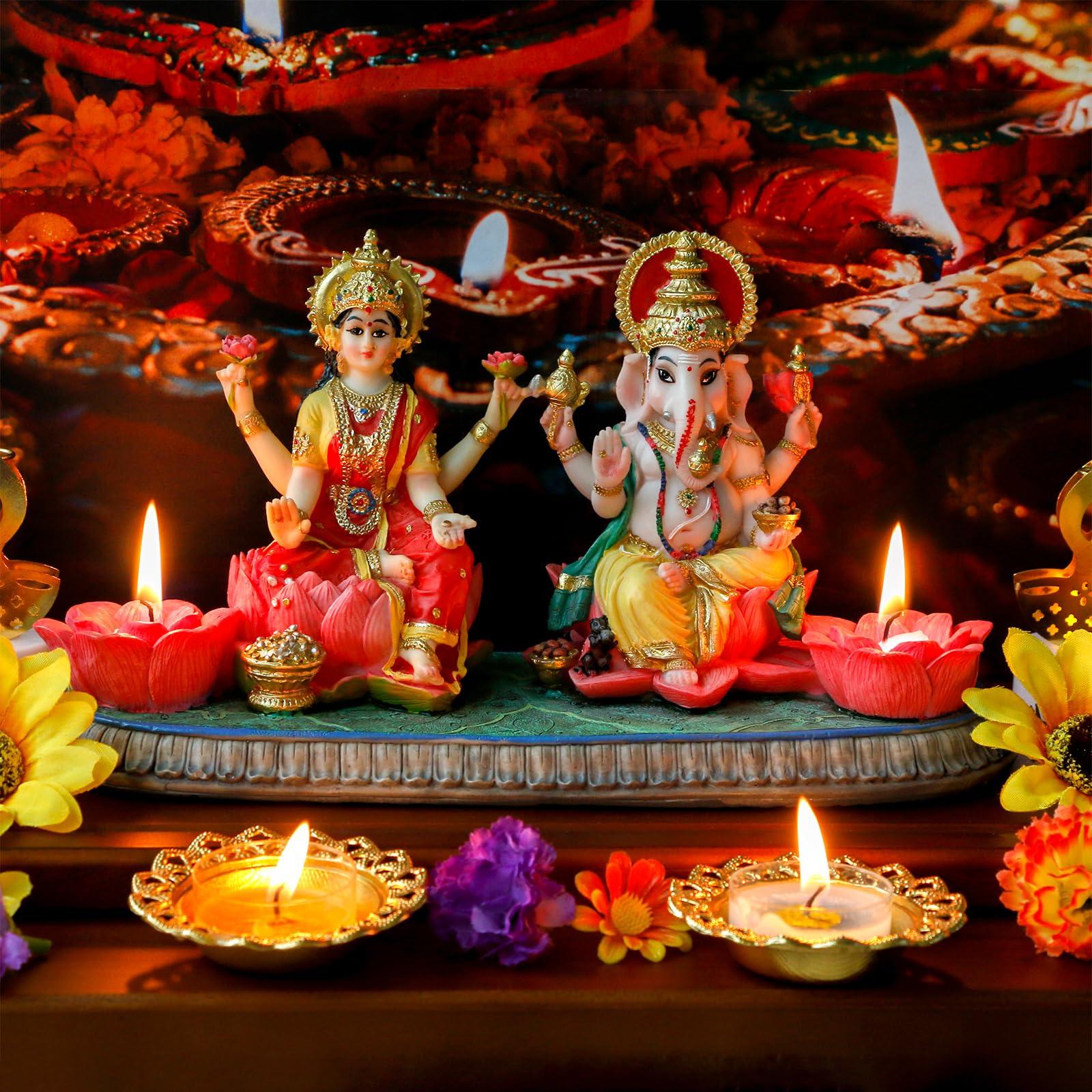 Indian God Ganesha Lakshmi Statue - 5.3”H Indian Idol Laxmi Ganesh with LED Diyas for Diwali Gifts Decor Home Office Mandir Temple Altar Puja Item Hindu Murti Pooja Sculpture