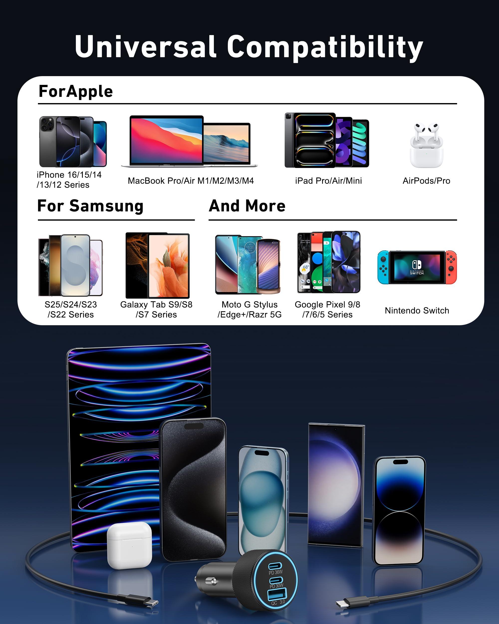 USB C Car Charger, 3-Port 67W Dual USB-C & USB-A Car Power Adapter PD/QC Fast Charging Cigarette Lighter for iPhone 16/15/14/13/12/11/Pro Max, iPad, Samsung Galaxy S25 S24/S23/S22/S21, Pixel, Android - Image 7
