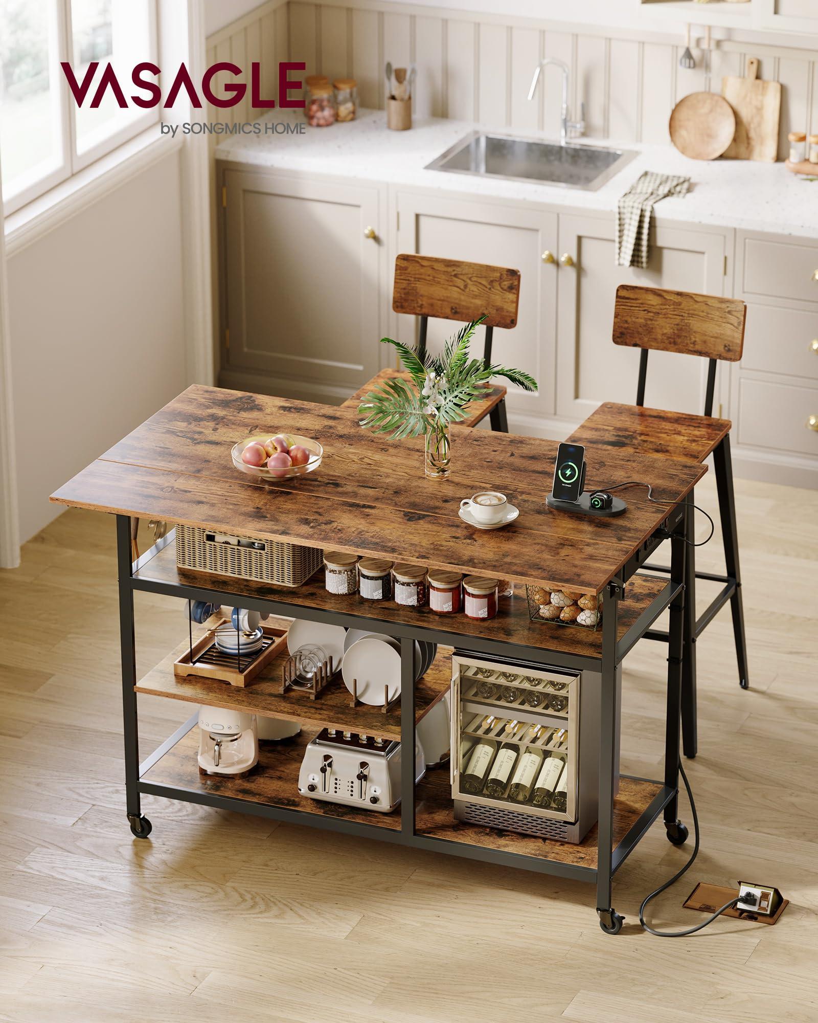 VASAGLE Kitchen Island with Drop Leaf, 47.2" Width Rolling Kitchen Cart with Power Strip, Extendable Worktop, Workbench,Pegboard, Adjustable Shelf, Rustic Brown and Ink Black UKKI013K01 - Image 3
