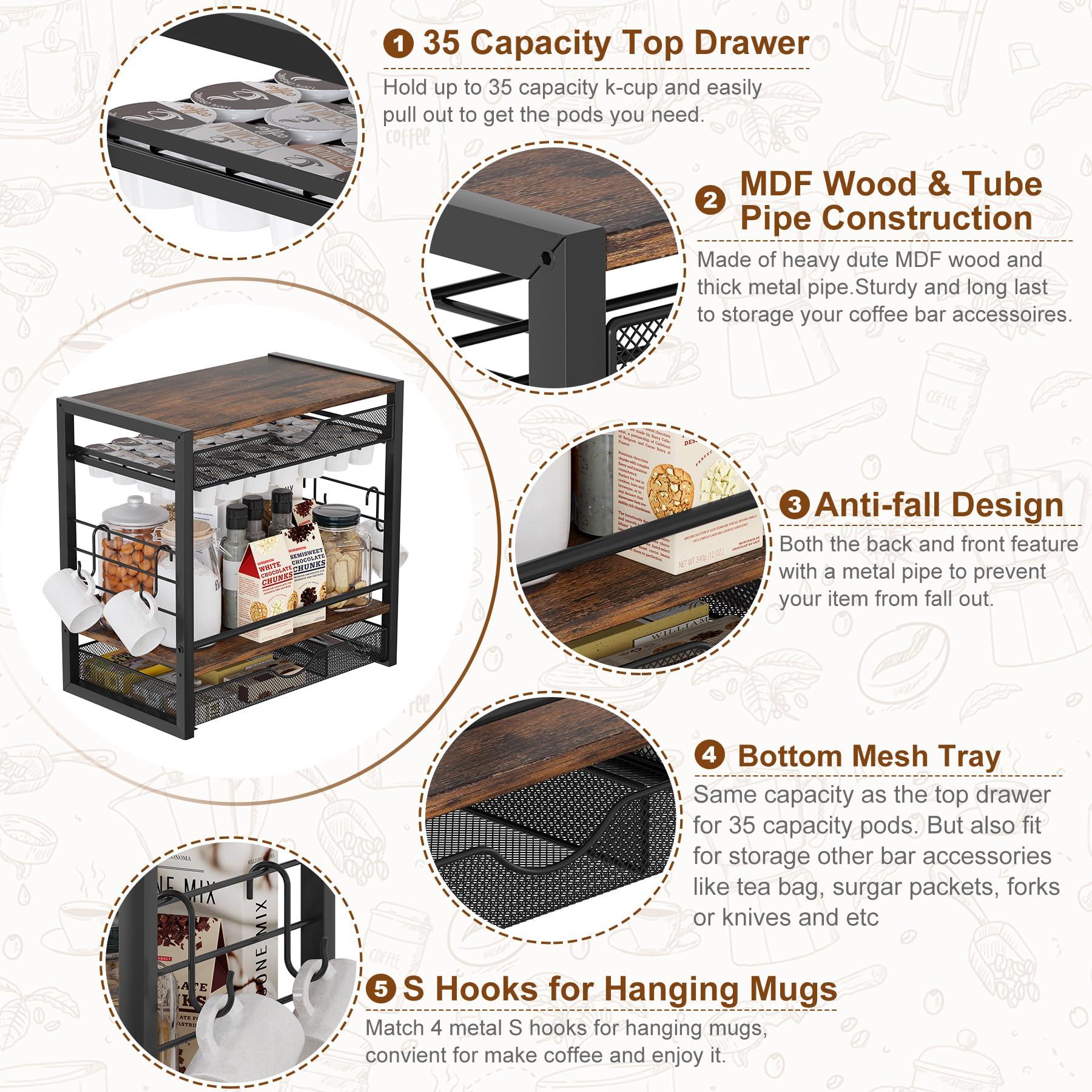 TQVAI Coffee Bar Station Organizer for Countertop, 70 Capsule K Cup Holder with Mugs Hooks, Pull Out Coffee Pod Organizer for Syrup Pack, Tea Bag, Bean, Black - Image 6