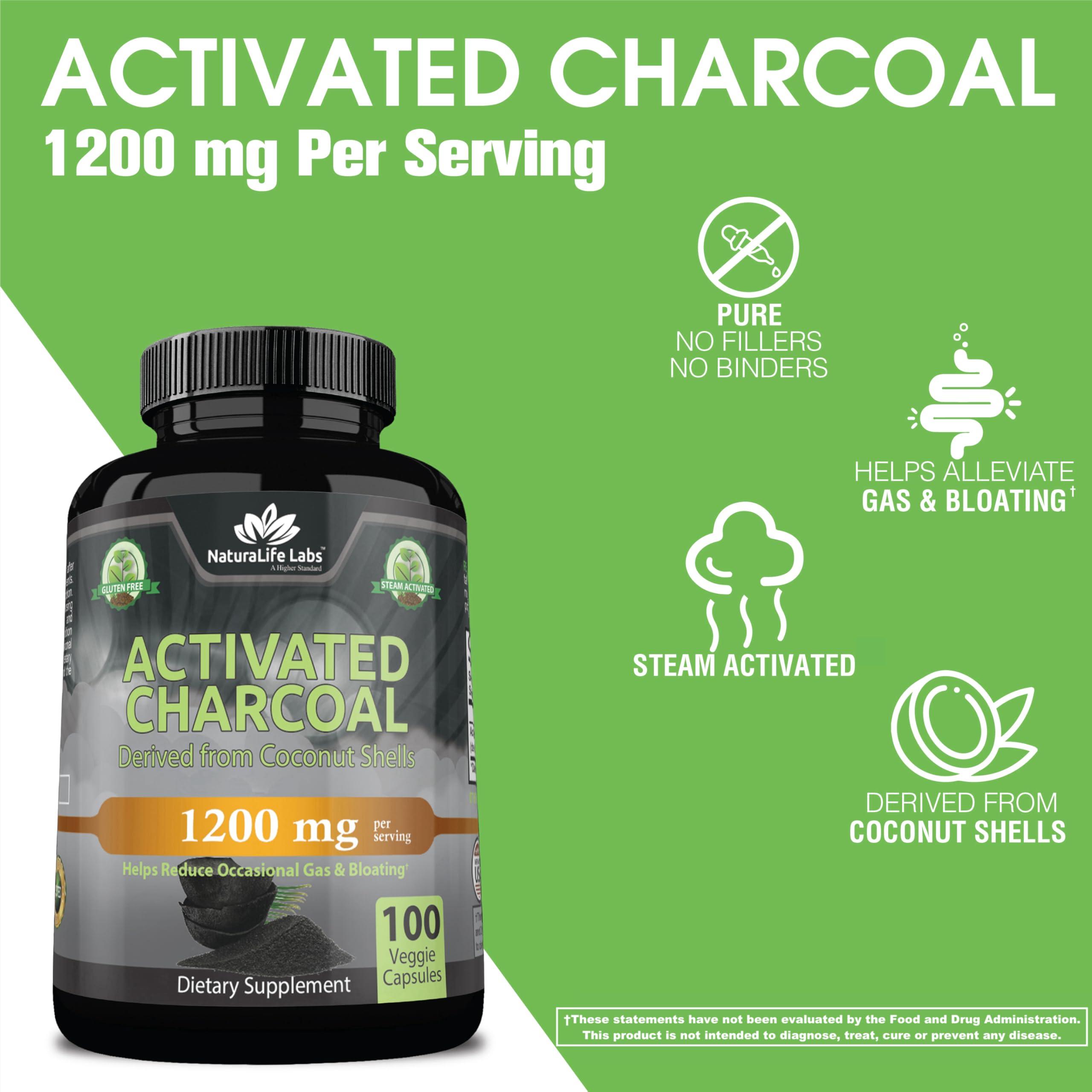 Activated Charcoal Capsules - 1,200 mg Highly Absorbent Helps Alleviate Gas & Bloating Promotes Natural detoxification Derived from Coconut Shells - per Serving - 100 Vegan Capsules - Image 3