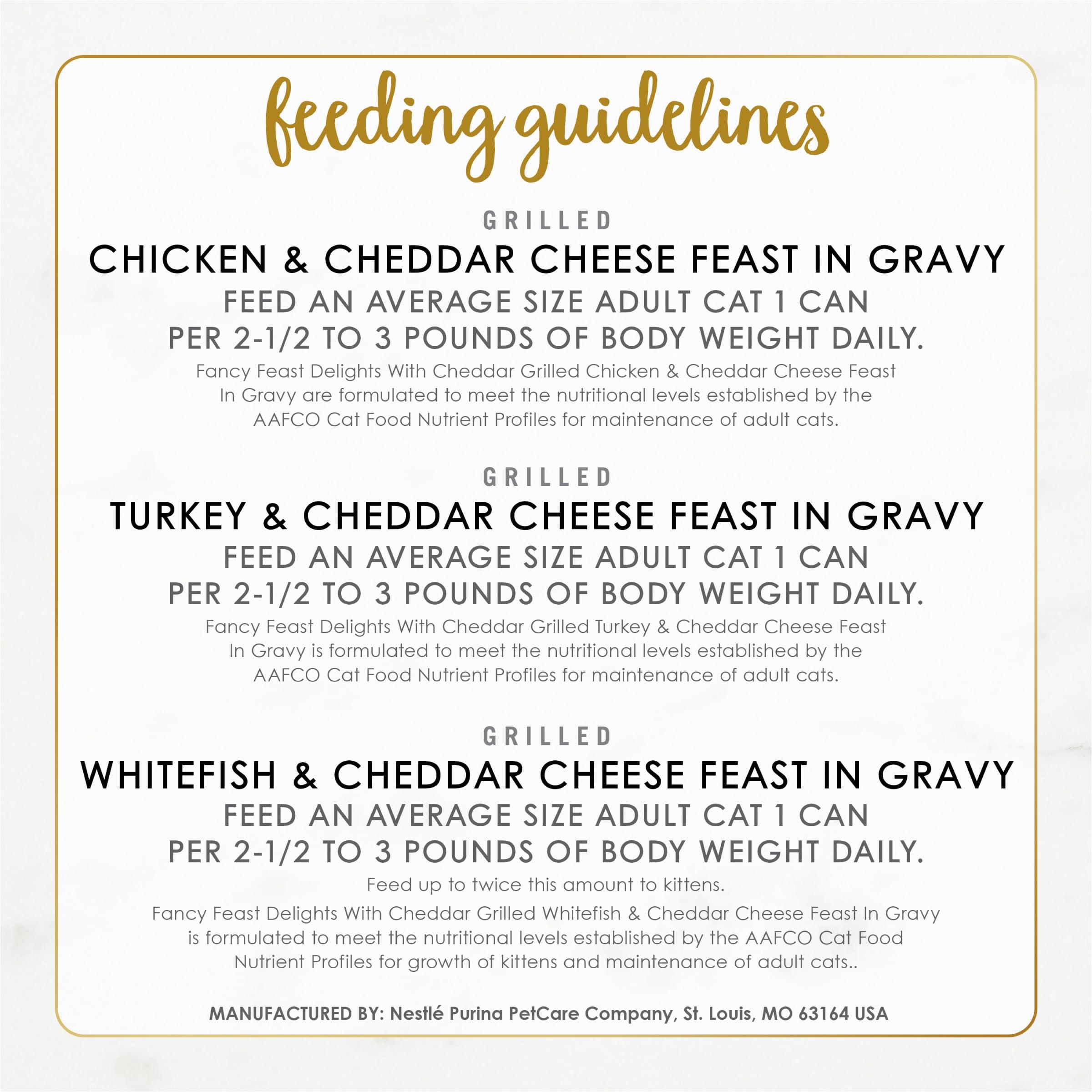 Purina Fancy Feast Delights with Cheddar Grilled Chicken, Turkey or Whitefish and Cheddar Cheese Feast in Gravy Wet Cat Food Variety Pack - (Pack of 24) 3 oz. Cans - Image 10