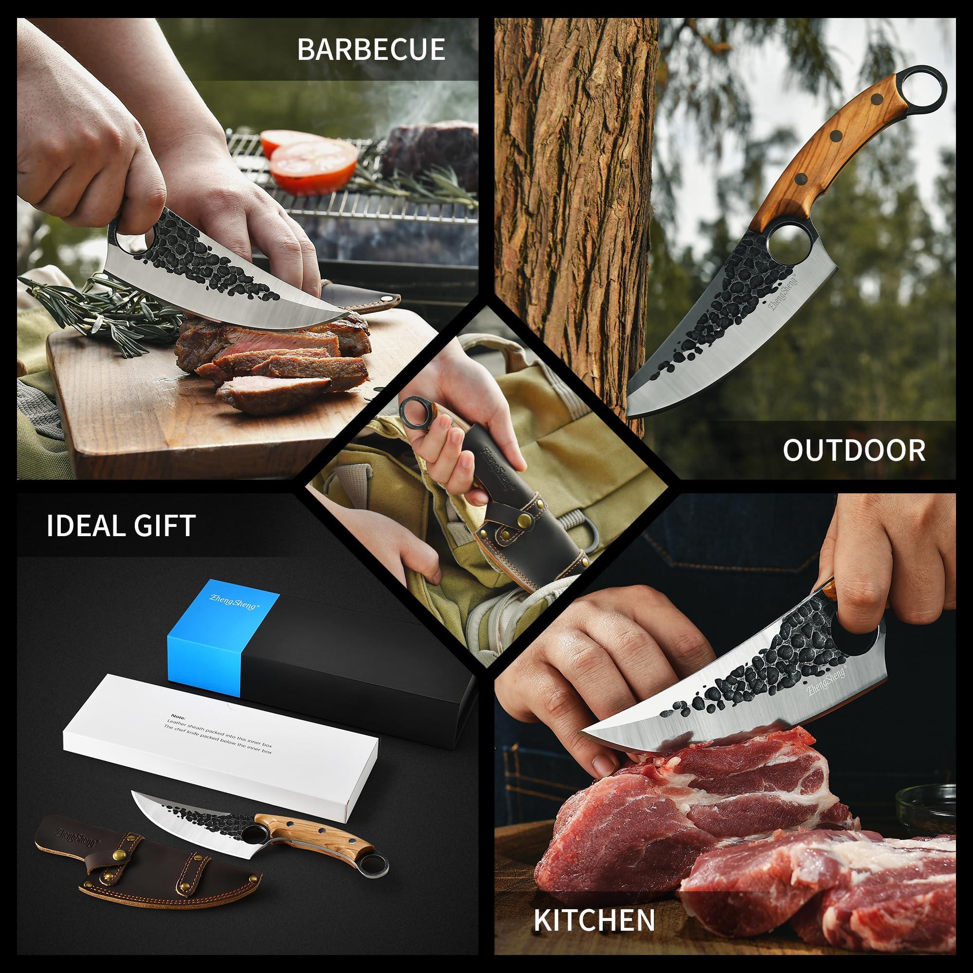 ZhengSheng 6.0” Chef Knife, Great Kitchen Knife with Leather Sheath Olive Handle Forged Viking Cleaver Knive Japanese Style knives for Home Cooking, Camping, BBQ - Image 4