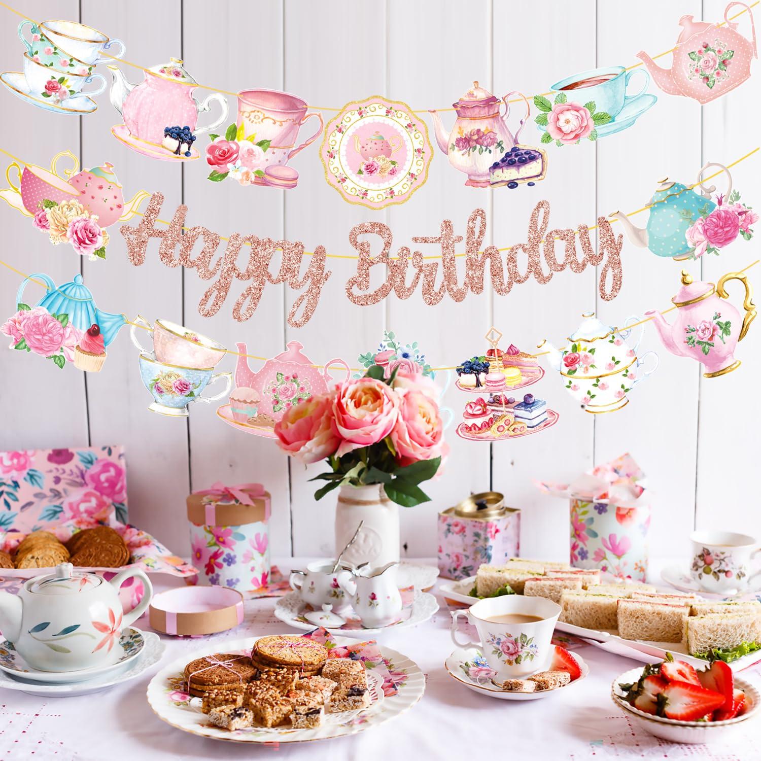Tea Party Birthday Banner Rose Gold Tea Themed Happy Birthday Banners Floral Mother's Day Party Decoration Teapot Cutout Banner for Afternoon Tea Baby Shower Supplies - Image 8